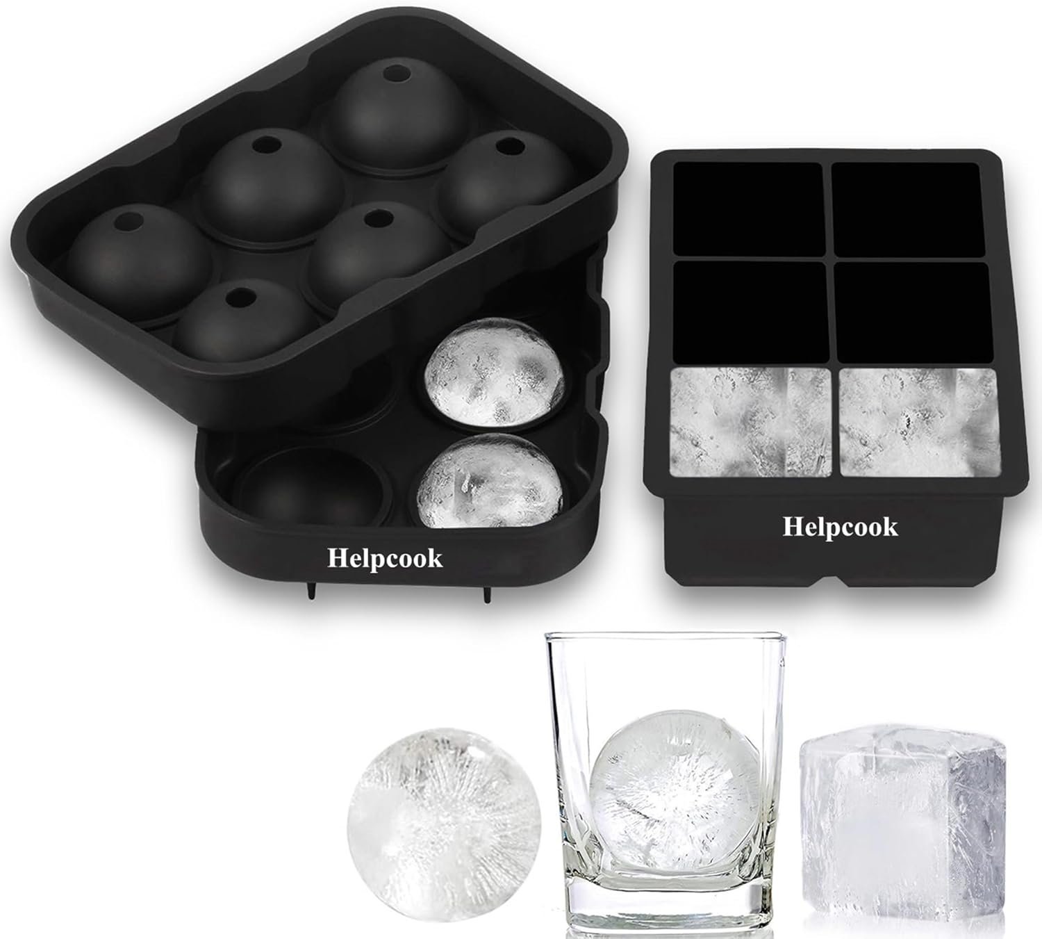 Ice Cube trays(set of 2), Silicone Sphere Ice Ball Maker with Lid and Large Square Ice Cube Molds for Whiskey Ice and Cocktails, Food Grade Silicone, Reusable and BPA-Free