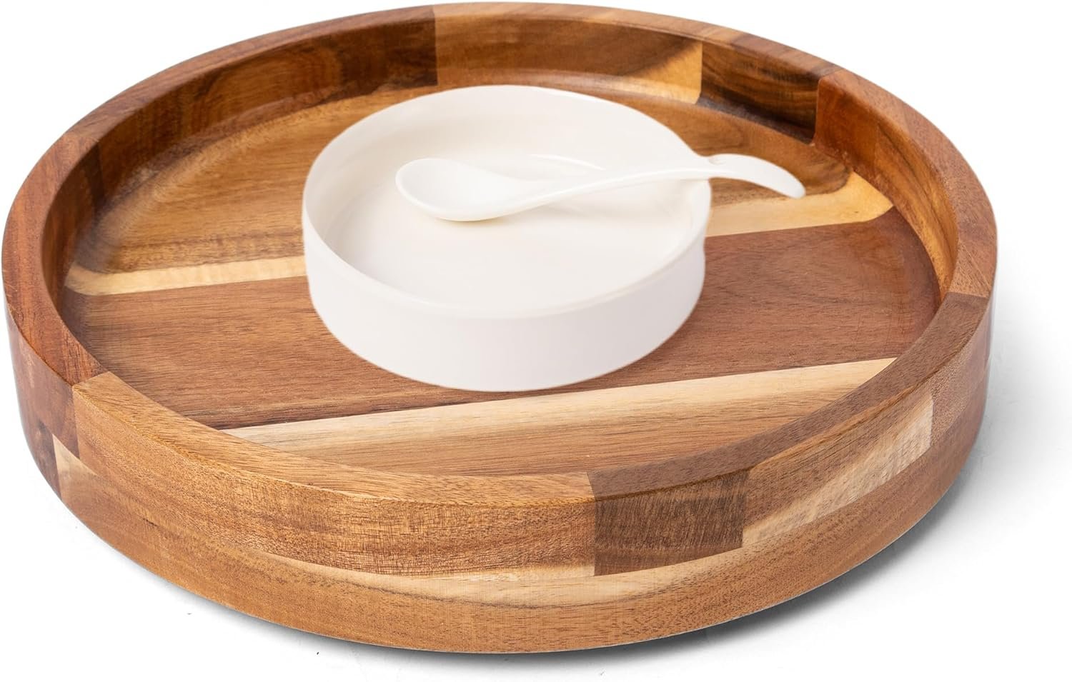 Defined Deco12in Serving Tray and Platters, Acacia Wood chip & dip Sets for Party, 360° Rotatable Serving Dishes for Chips and Dip, Fruit,Veggies, Candy and Snack, (Including 2X Dip Bowls, 1 Spoon)