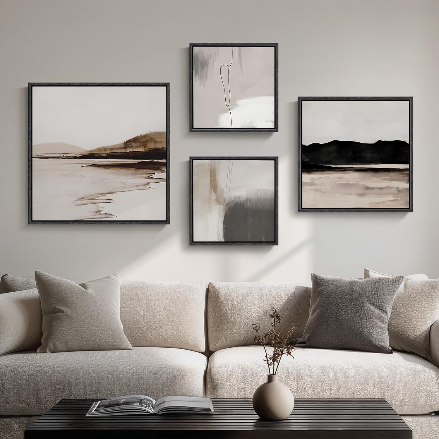 Framed Neutral Abstract Wall Art for Living Room, Set of 4 Piece Modern Landscape Canvas Artworks, Minimalist Black and Gray Painting Prints for Bedroom Dining Room Hallway Home Office Wall Decor