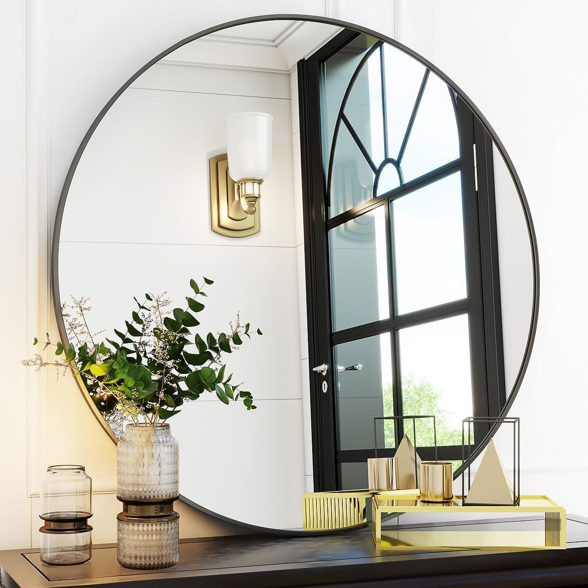 VooBang Black Round Bathroom Mirror, 30 inch Circle Wall Mounted Hanging Mirror with Simple Modern Circular Metal Frame for Hallway, Entryway, Living Room, Black Frame