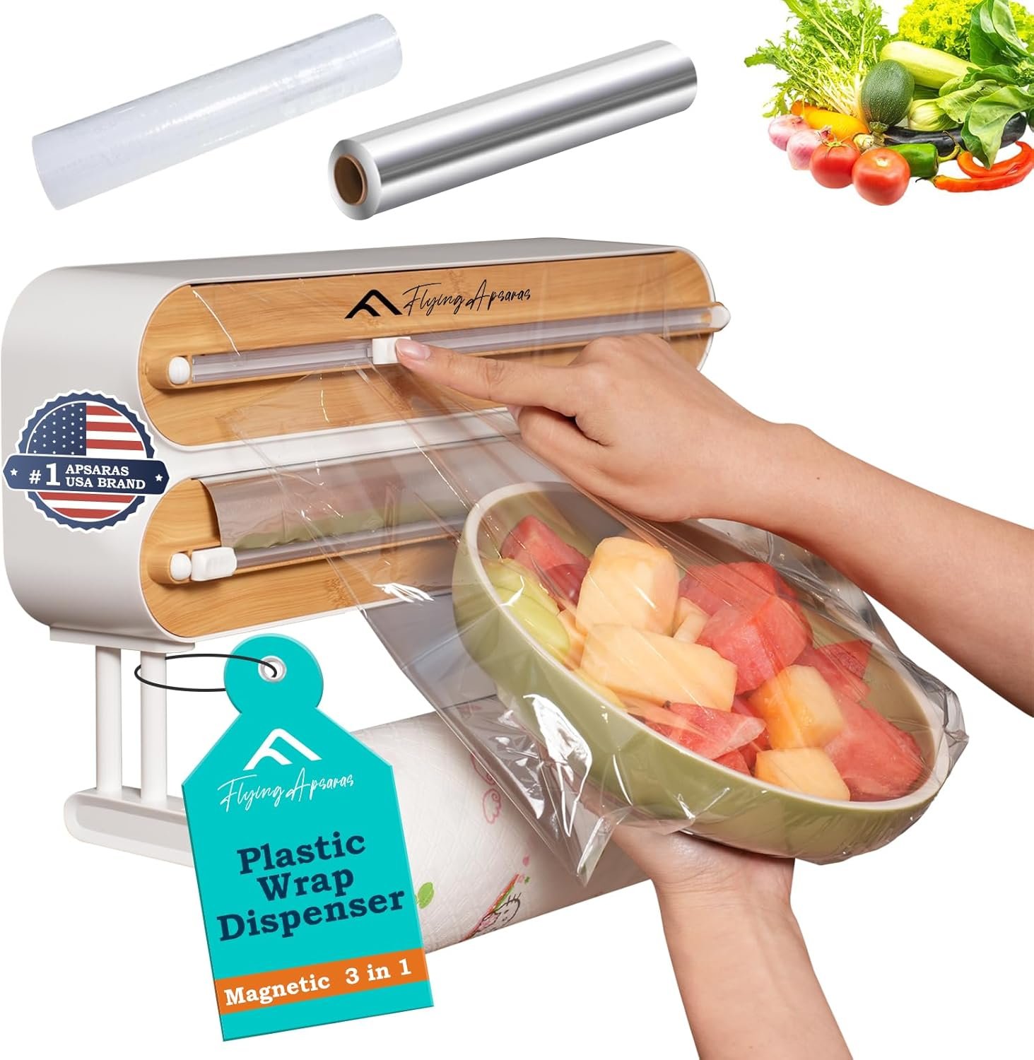 APSARAS USA Magnetic Plastic Wrap Dispenser with Cutter, 3 in 1 Aluminum Foil wrap Organizer, Practical Refillable Cling Wrap Film Cutter, Wall Mount Kitchen Wrap Dispenser, Include 2 * 12″ Rolls