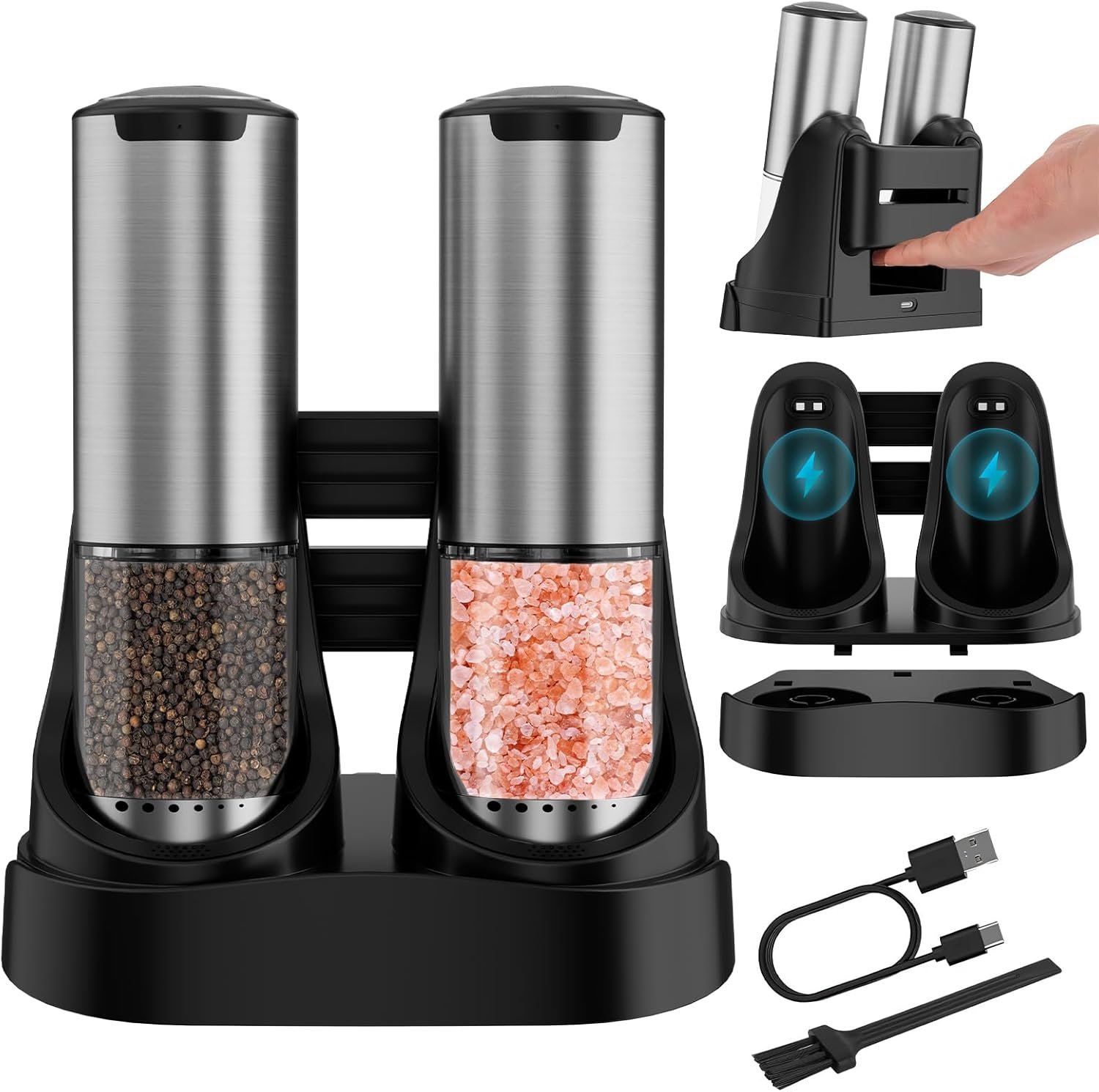 Electric Salt and Pepper Grinder Set Type-C Fast Charging, Automatic Salt and Pepper Shakers Adjustable Coarseness, Stainless Steel Rechargeable Salt and Pepper Grinder with LED Light