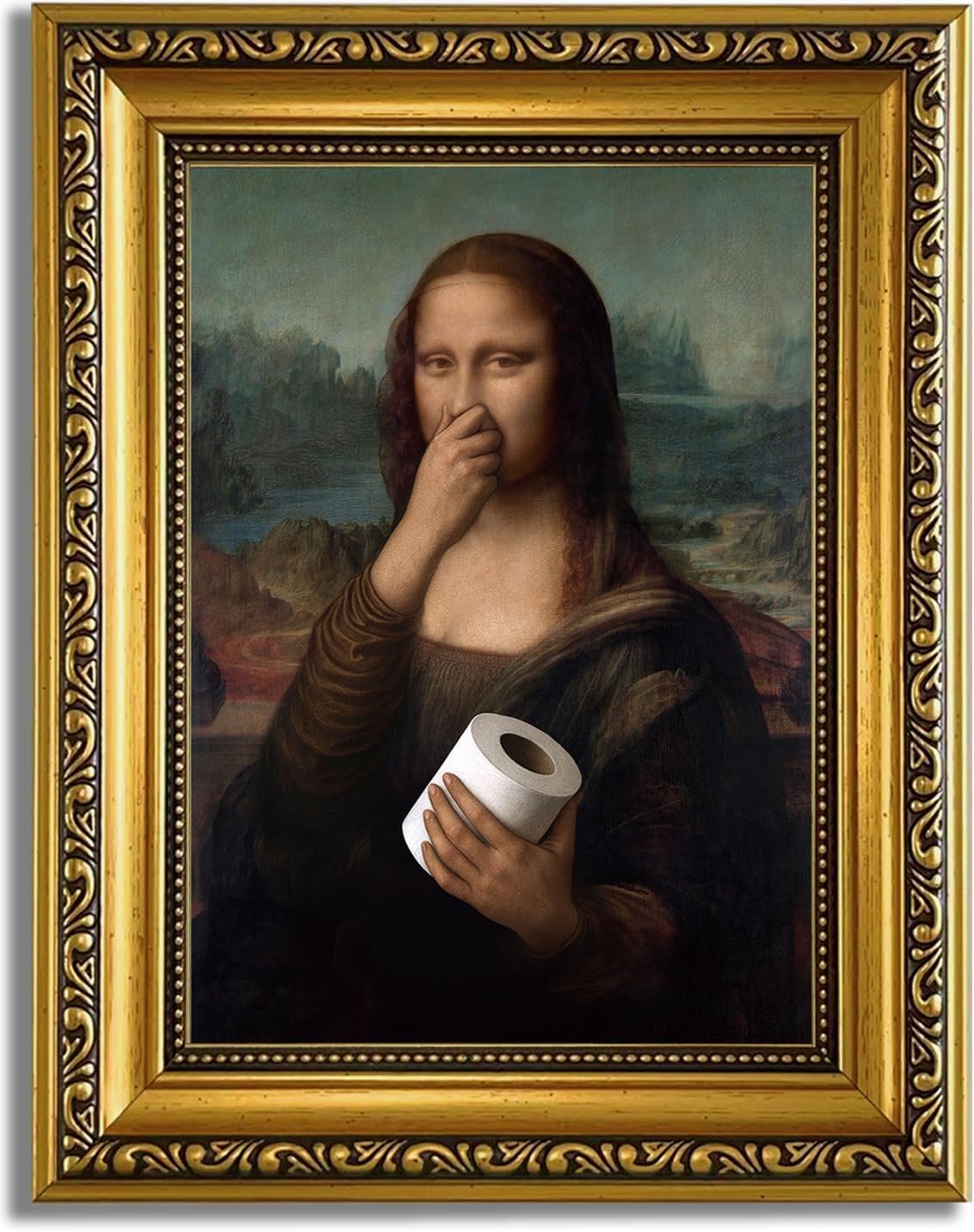 YD&YZY Gold Framed Bathroom Wall Art Mona Lisa Humor Amusing Toilet Art Pinching Nose Wall Decor Funny Vintage Painting Picture Print Whimsical Bathroom Restroom 8×10 inch Small Framed