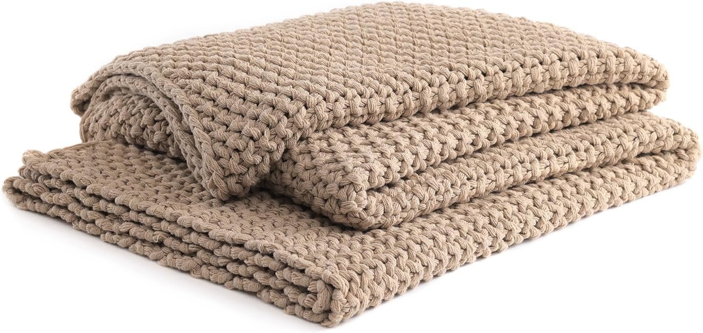 YnM Chunky Cotton Knit Throw Blanket, Cable Knit Throws for Bed Couch Sofa, Comfy & Relaxing, Decorative Piece for Farmhouse Modern Boho Rustic Scandinavian Chic Vibe, Beige 50×60 Inches