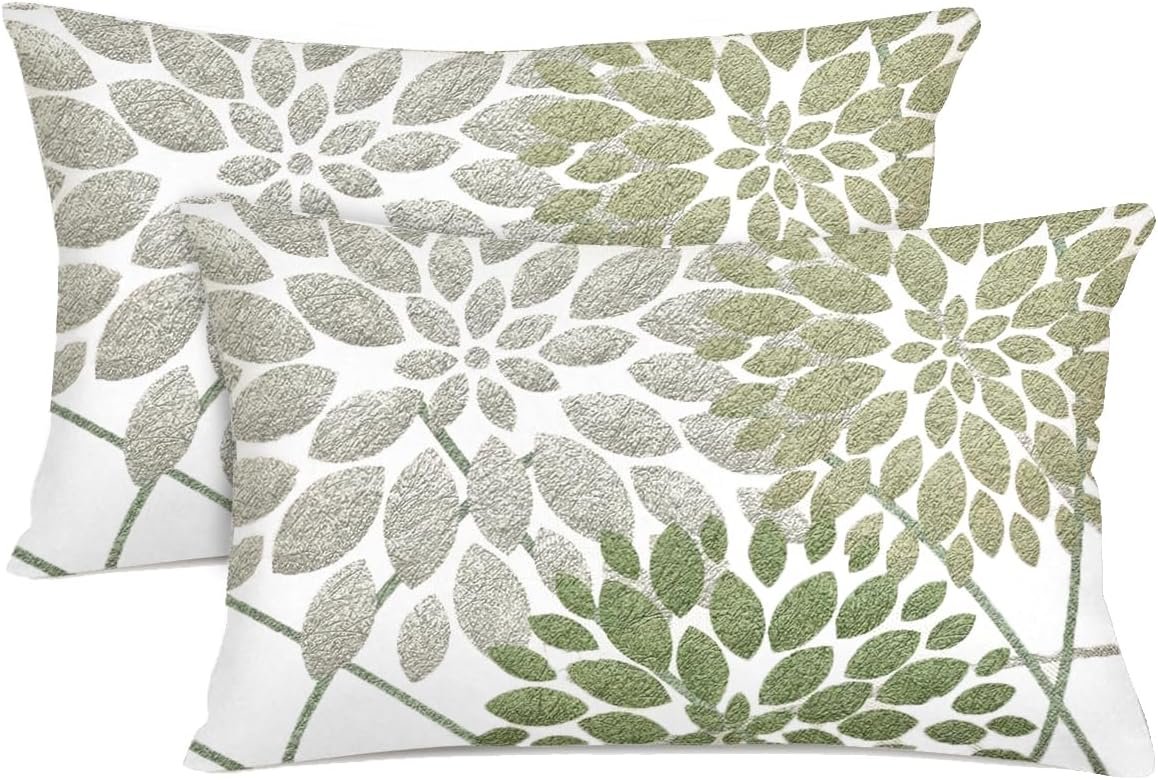 Sage Green Lumbar Pillow Covers 12×20 Inch Set of 2, Geometric Floral Throw Pillow Covers Elegant Gray Green White Decorative Dahlia Farmhouse Velvet Pillow for Sofa Bed Decor