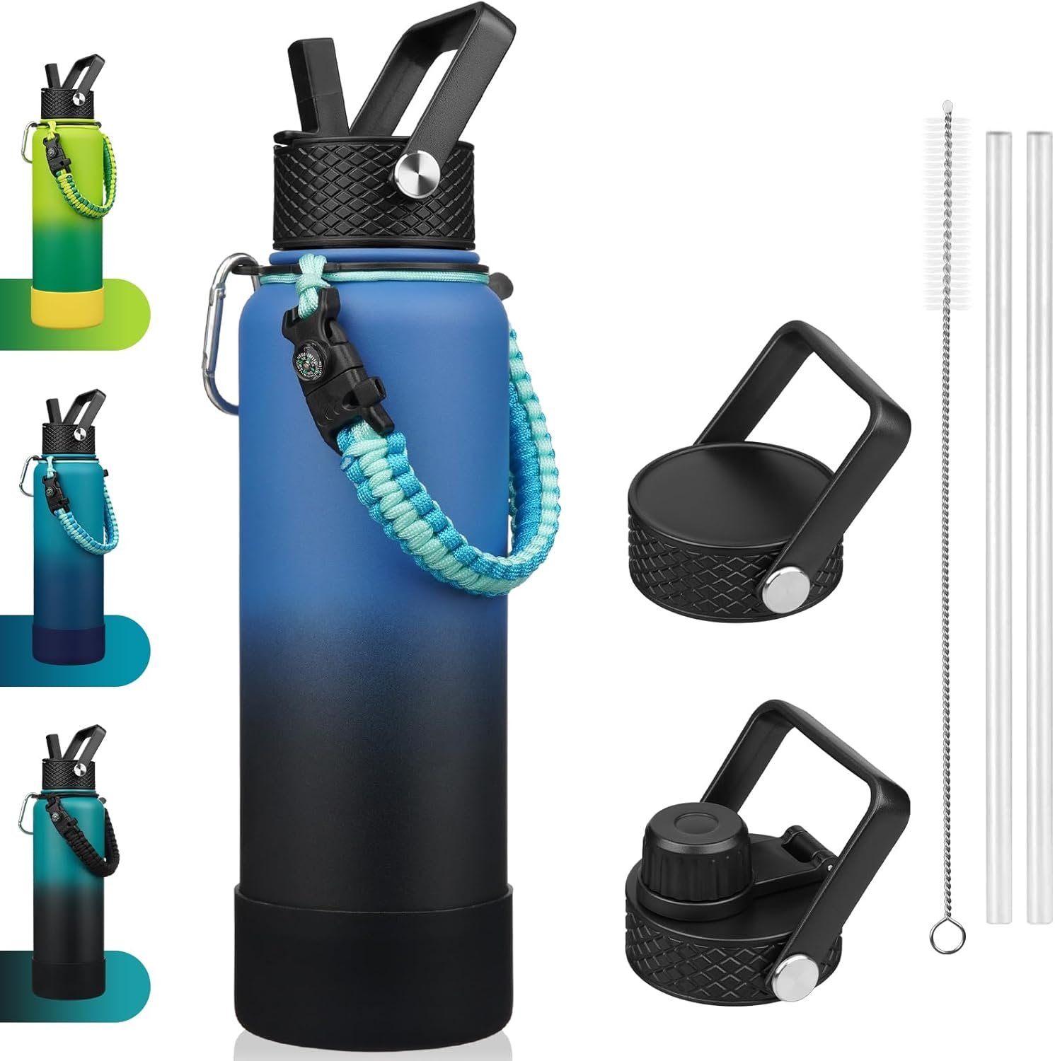 BJPKPK Insulated Water Bottle with Straw Lid, 40oz Large Thermal Flasks with 3 Lids, Paracord Handle & Non-slip Boot, BPA Free Leak Proof Stainless Steel Metal Water Bottles, Tumblers, Cups,Blue Black