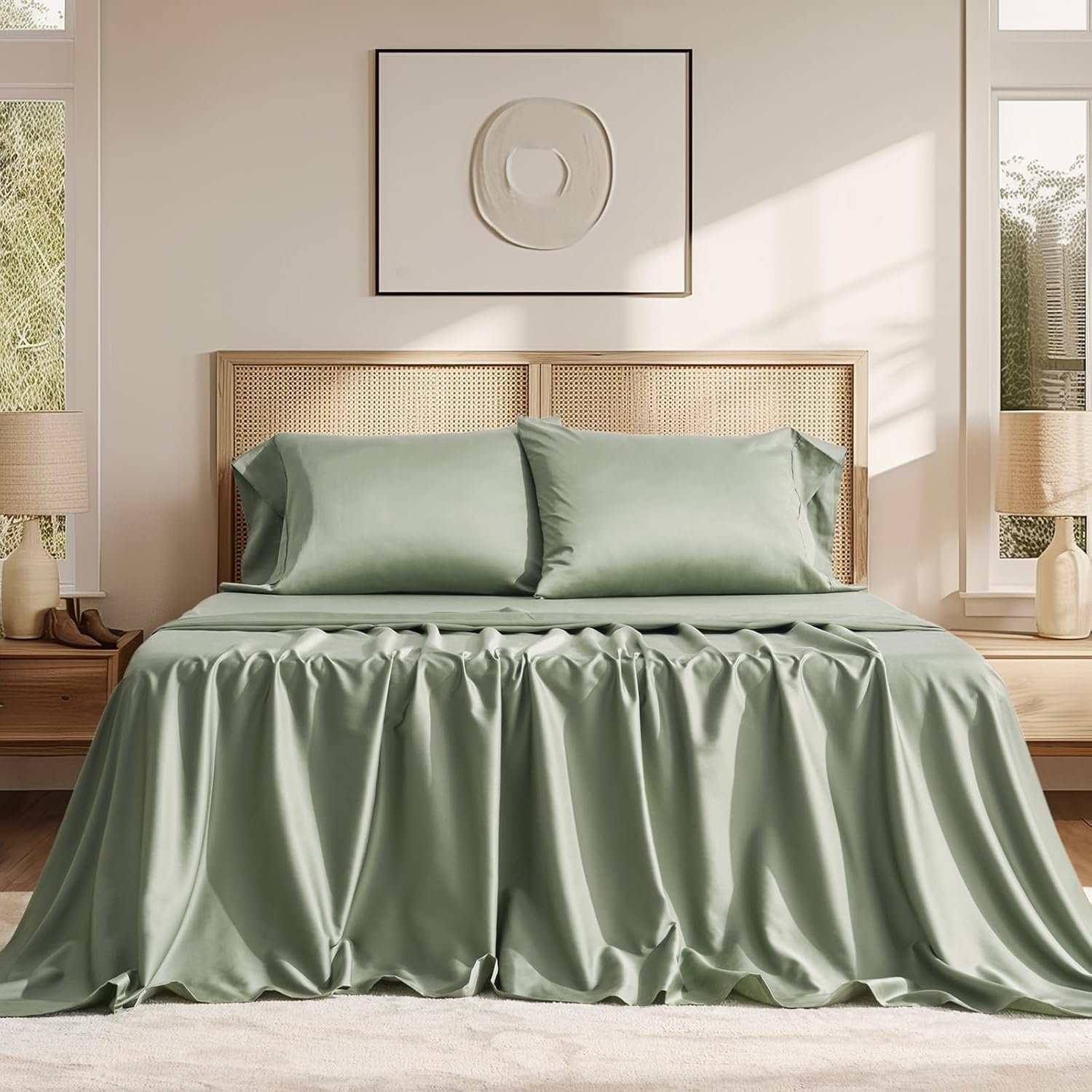EVERGRACEHOME Cotton Tencel Cooling Sheets Set Queen Size for Hot Sleepers, Luxe Silky Soft Organic Eucalyptus Lyocell Bedding 4-Piece Set, 1 Flat & 1 Deep Pocket Fitted Sheet, 2 Shams, Sage Green