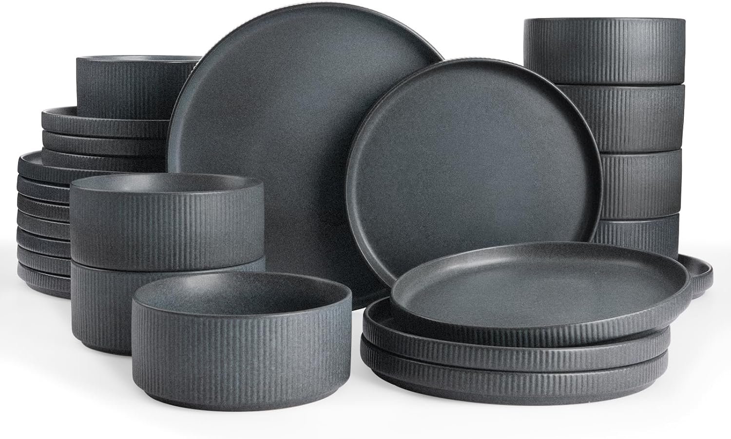 Famiware Star Plates and Bowls Sets, Modern Stoneware Dinnerware Sets for 8, 24-Piece Kitchen Dish Set – Microwave and Dishwasher Safe, Chip and Scratch Resistant, Matte Dark Charcoal