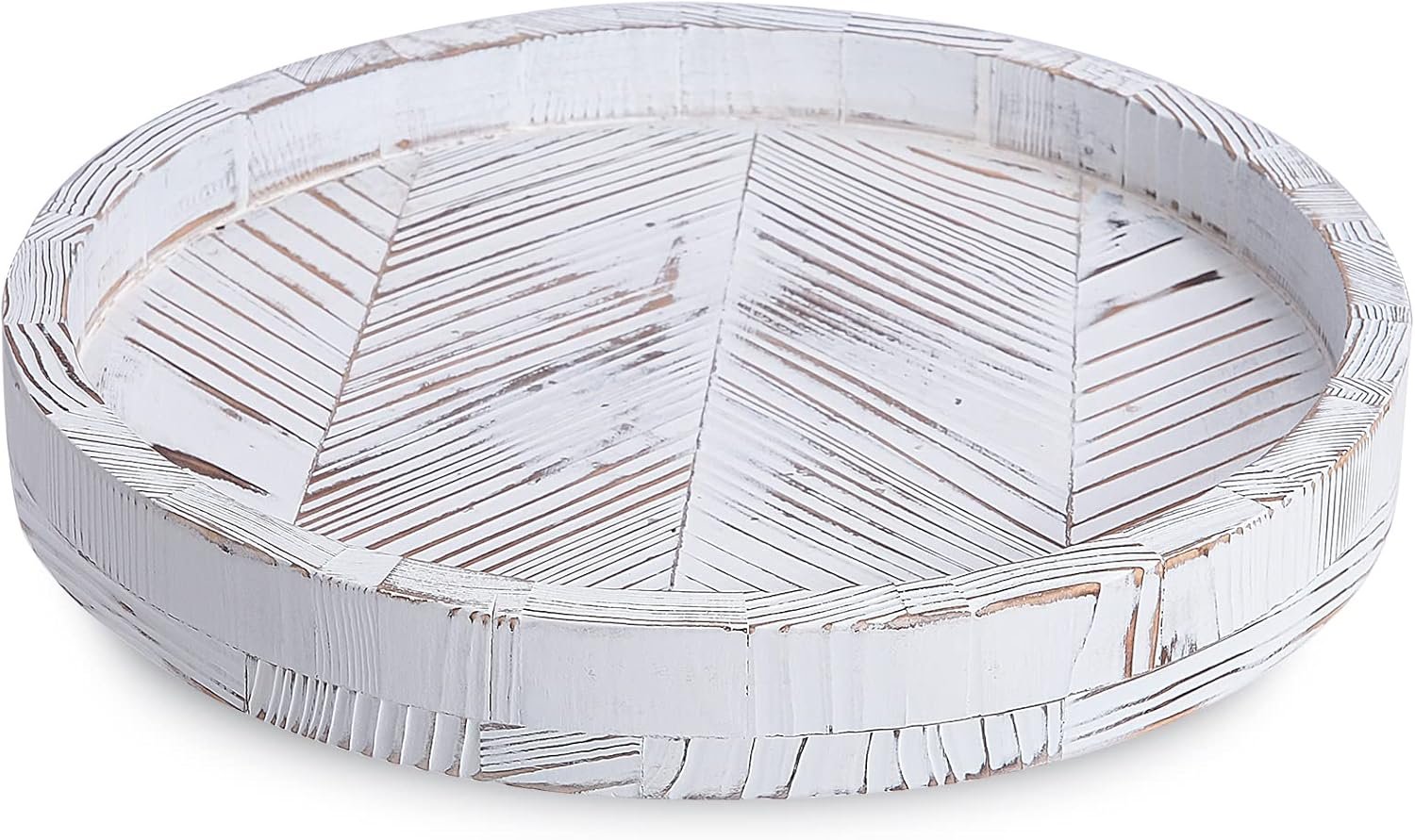 12 Inch Rustic Farmhouse Wood Lazy Susan Turntable for Table, Tomoaza White Herringbone Decorative Turntable Tray, Dining Table Centerpiece and Cabinet Organizer