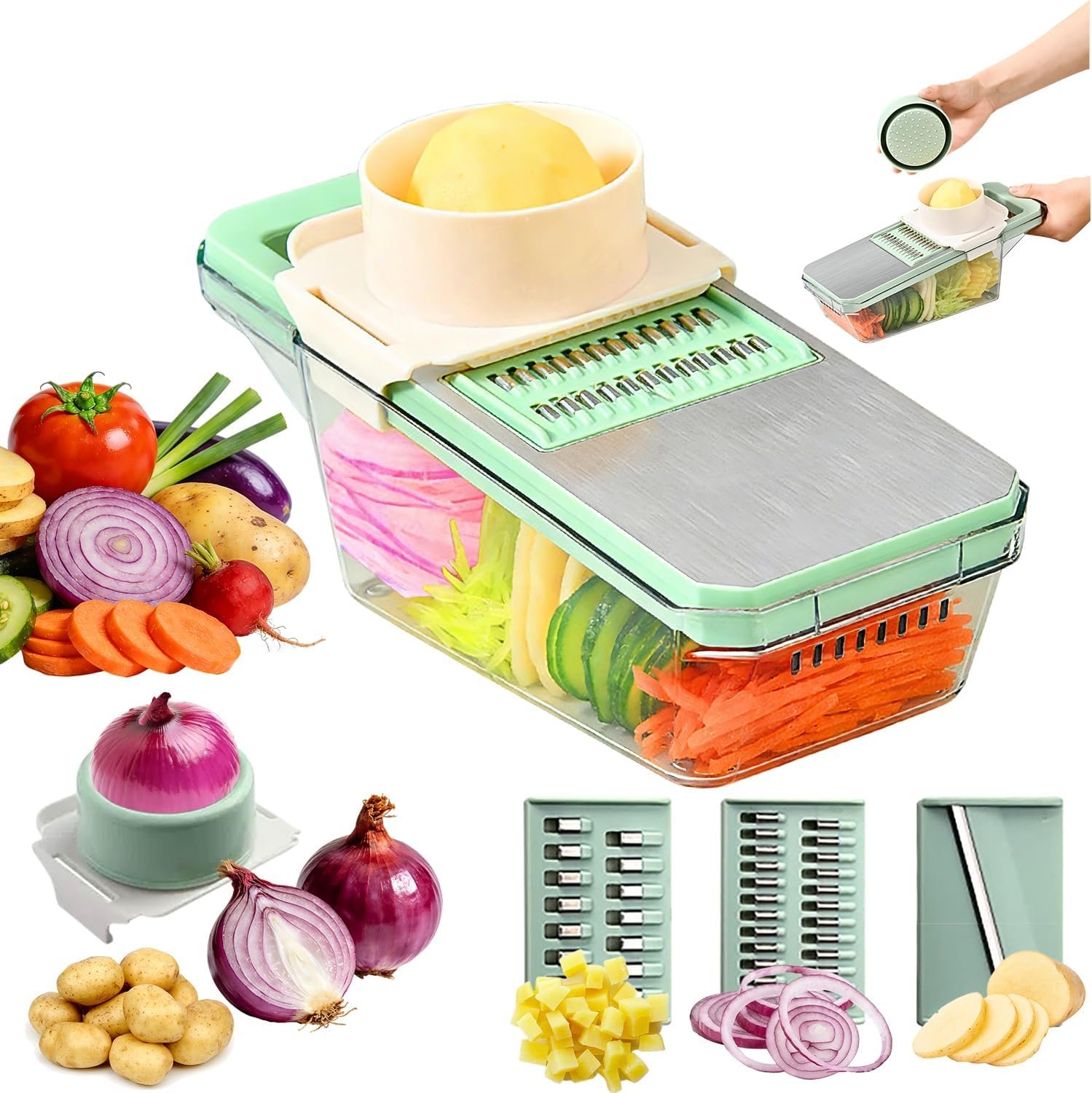 Mandolin Slicer For Kitchen Food，Hand Safe Veggie Chopper with Container and Lid, Dicer, Slicer,3 Mandoline Blades Vegetable Cutter For Onion，Potato，Carrot，Essential Kitchen Gadgets-(6 in 1, Green)，