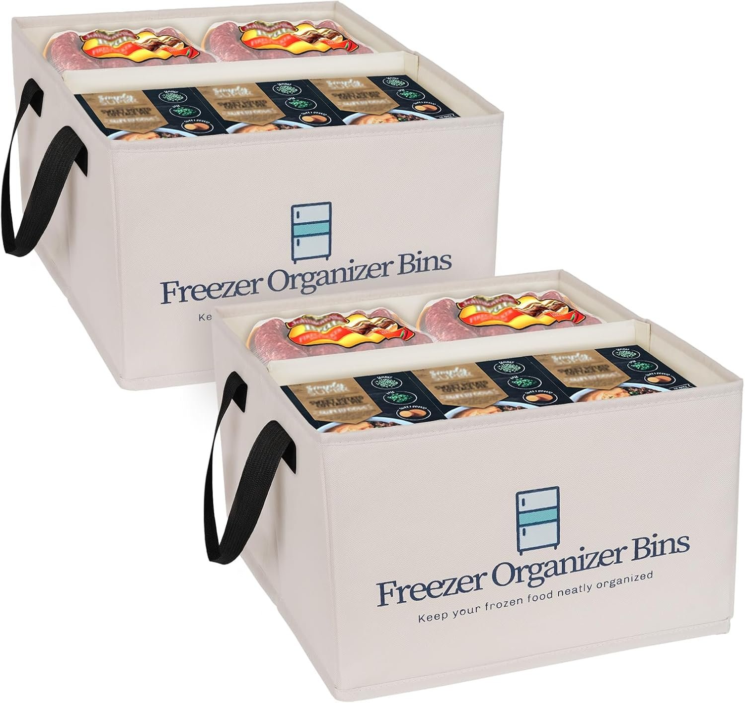 Freezer Organizer Bins, 2 Pack Collapsible Deep Freezer Organizer Bins for 15″x14″x9″, freezer Storage Bins with Removable Dividers, Handles (Light Grey, 2 Pack)