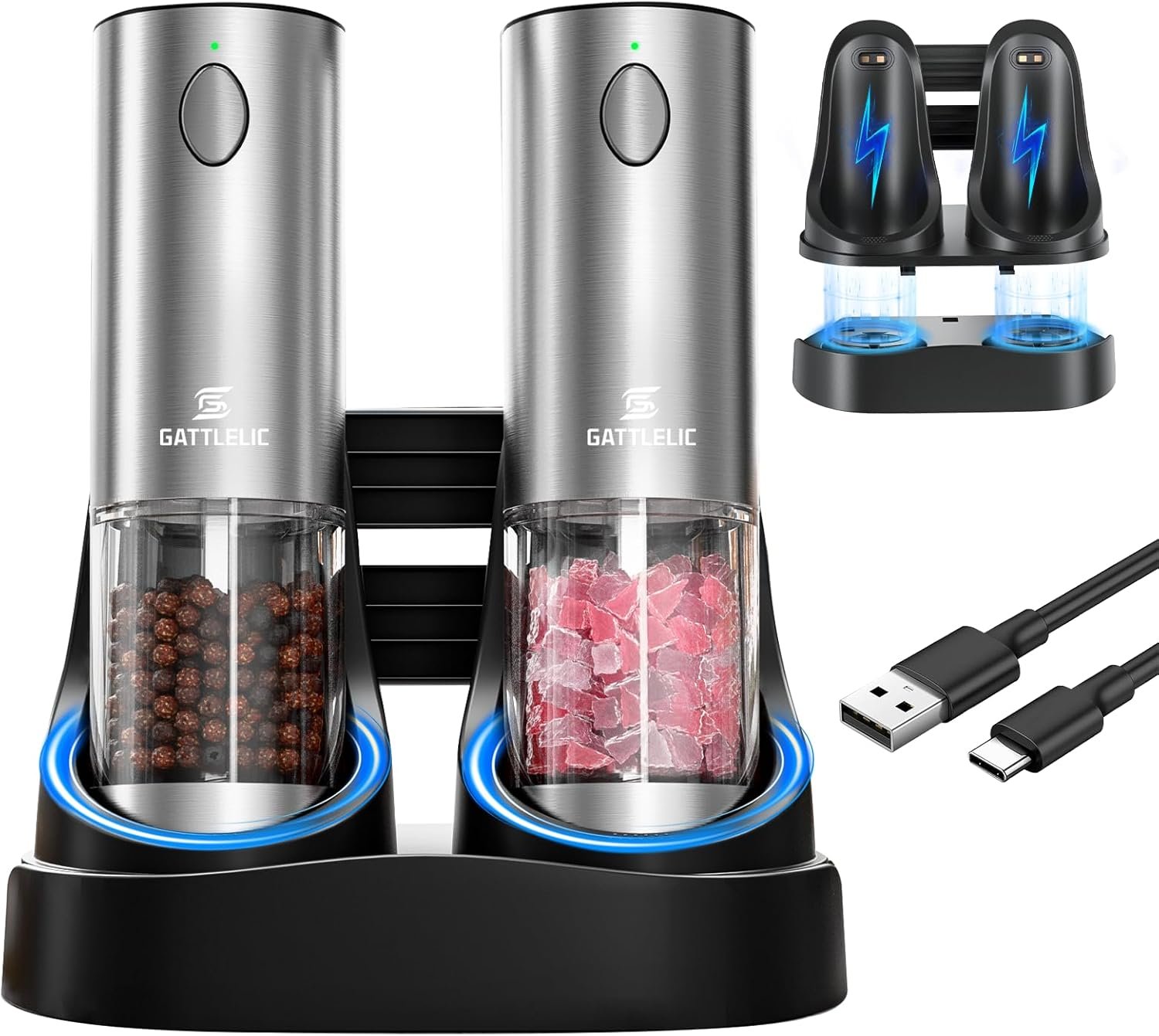 Electric Salt and Pepper Grinder Set, Automatic Pepper Mill Grinder w/Upgraded Charge Base and LED Light,Adjustable Coarseness,Rechargeable Black Peppercorn & Sea Salt Spice Mill Set