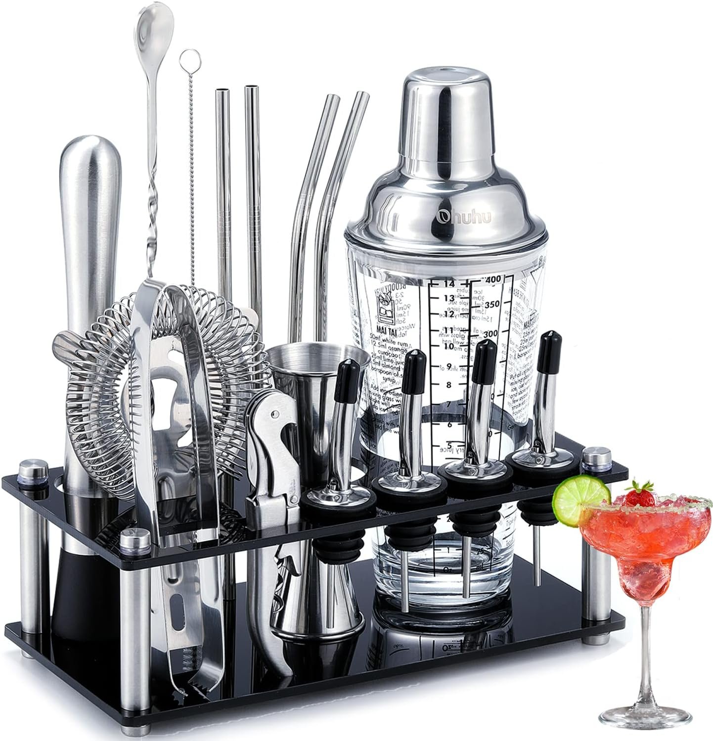 Cocktail Shaker Set Ohuhu 17-Piece Bartender Kit Bar Tool Set with Acrylic Stand Premium Soda-Lime Glass Drink Shaker with All Bar Accessories for Beginners Home Bar Parties