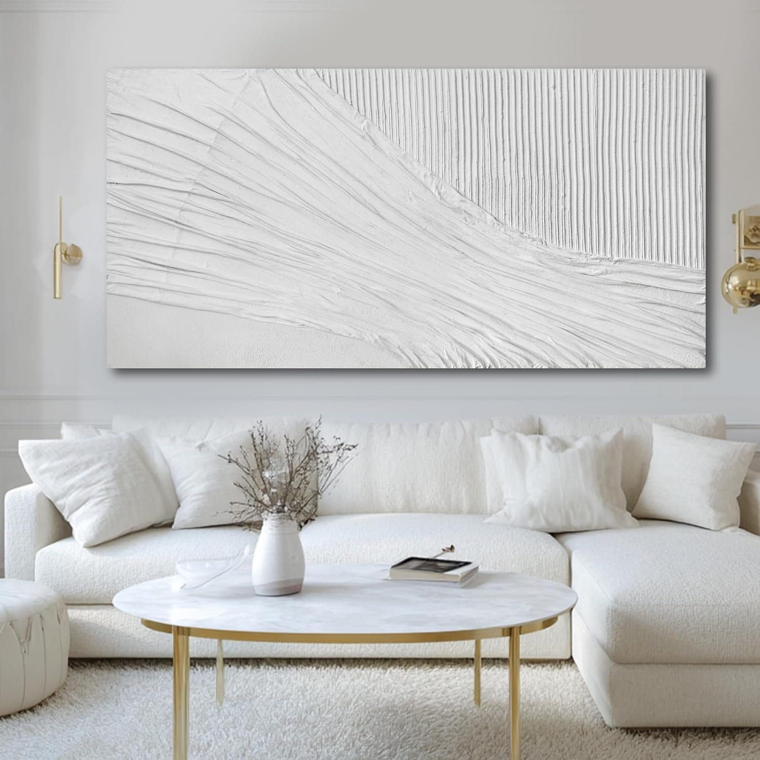 White Textured Abstract Canvas Wall Art, 29×58 Large Minimalist Wall Decor with 3D Pattern, Modern Neutral Framed Wall Art for Living Room Bedroom Entryway