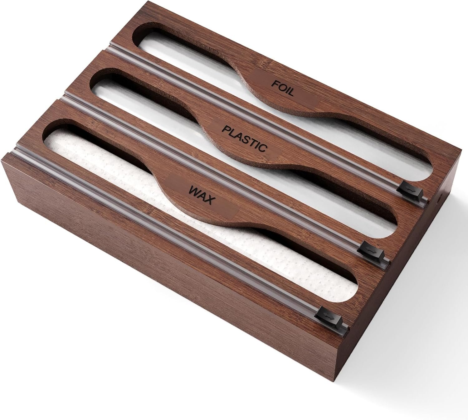 Wrap Dispenser with Cutter and Labels, Plastic Wrap Organizer For Kitchen,Bamboo 3-in-1 Wrap Dispensers for Cling Wrap Aluminum Foil and Wax,Storage Organization Holder（Brown）