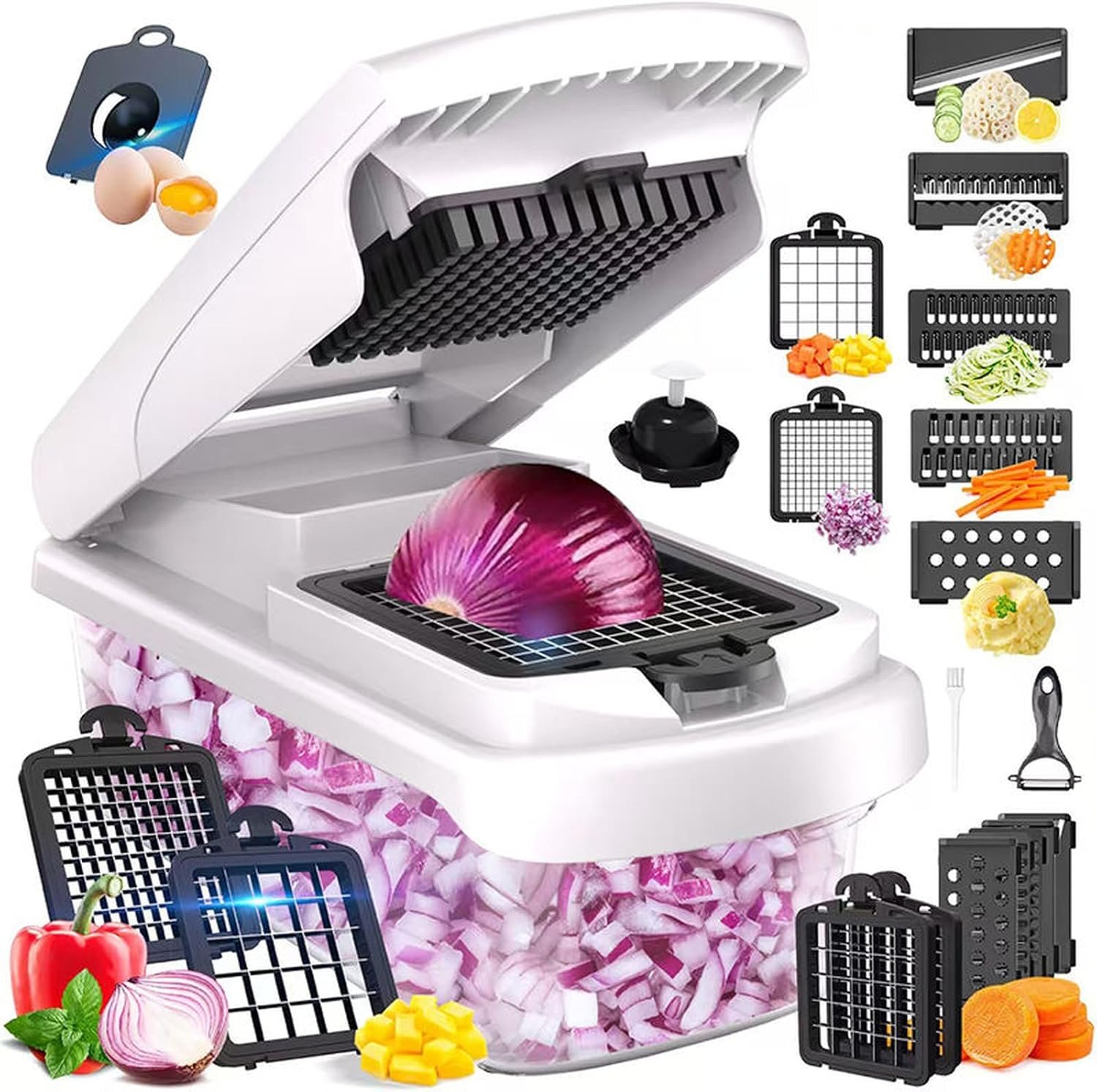 Vegetable Chopper with Container – 15 in 1 Onion Chopper Dicer & Vegetable Dicer – Manual Veggie Slicer, Mandoline Slicer, Potato Cutter & Food Chopper for Kitchen