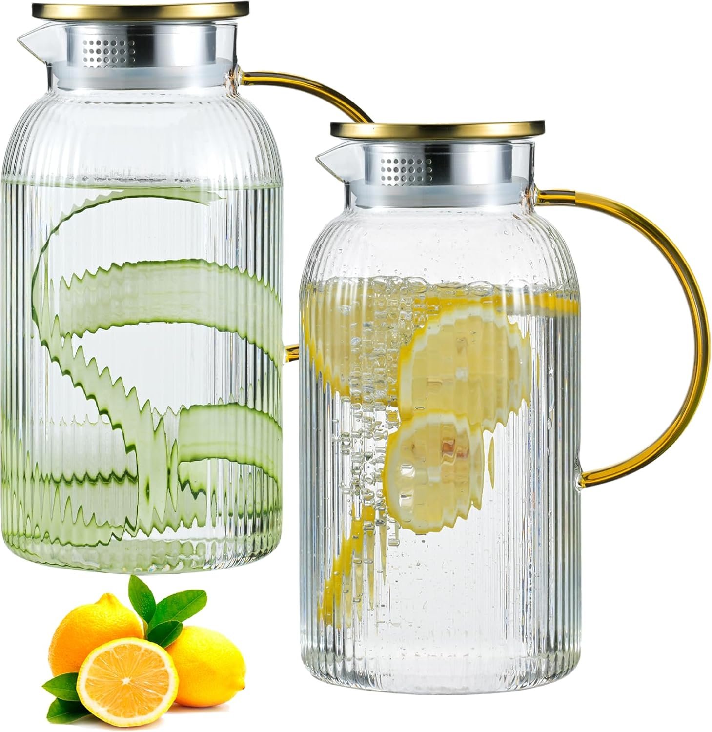 2 PACK Glass Pitcher with Lid and Handle,68 oz/ 2 Liter Vertical Stripes Water Pitcher,Glass Water Carafe for Fridge,Hand Blown Heat Resistant Borosilicate Water Jug for Hot/Cold Drinks
