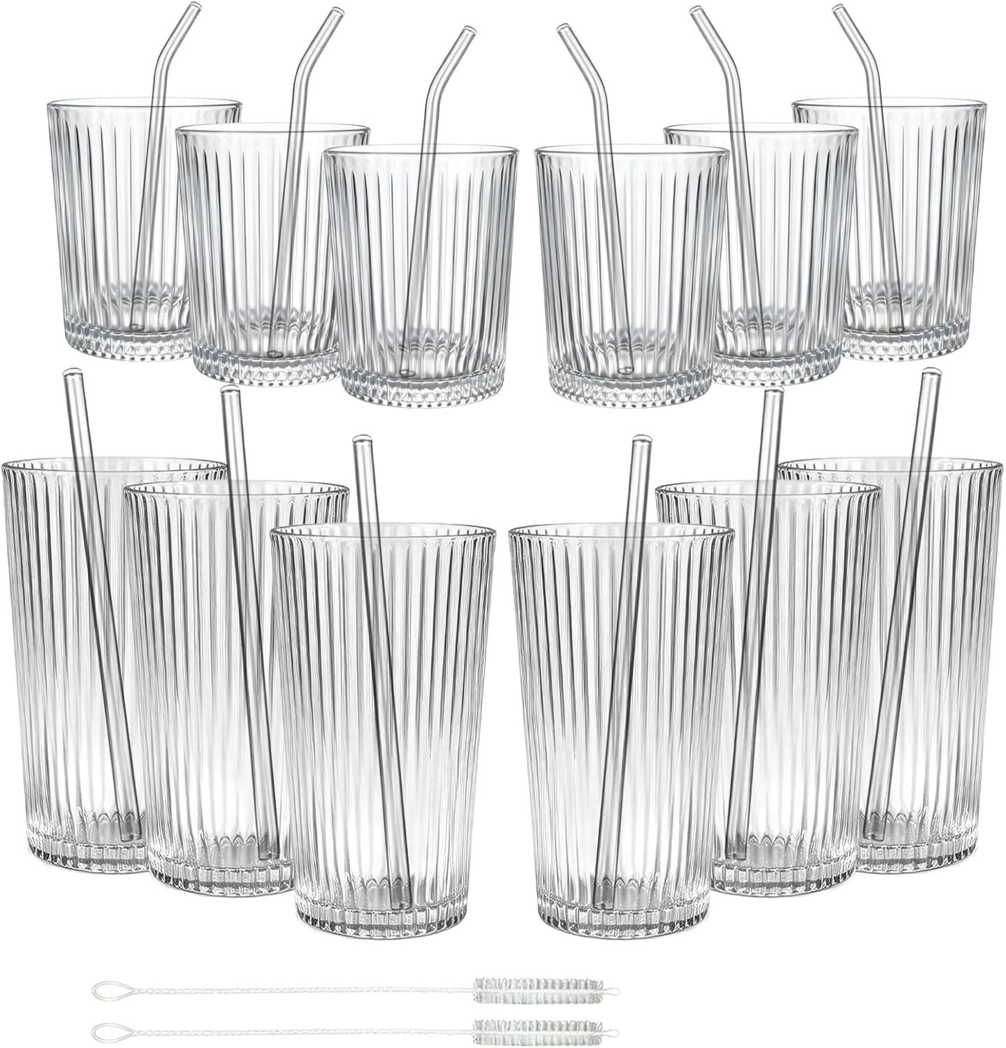 12 Pcs Ribbed Drinking Glasses Set 9 oz 12 oz Clear Ice Coffee Highball Ripple Drinkware Vintage Glassware Ribbed Cocktail Cup for Beverages Bar Home