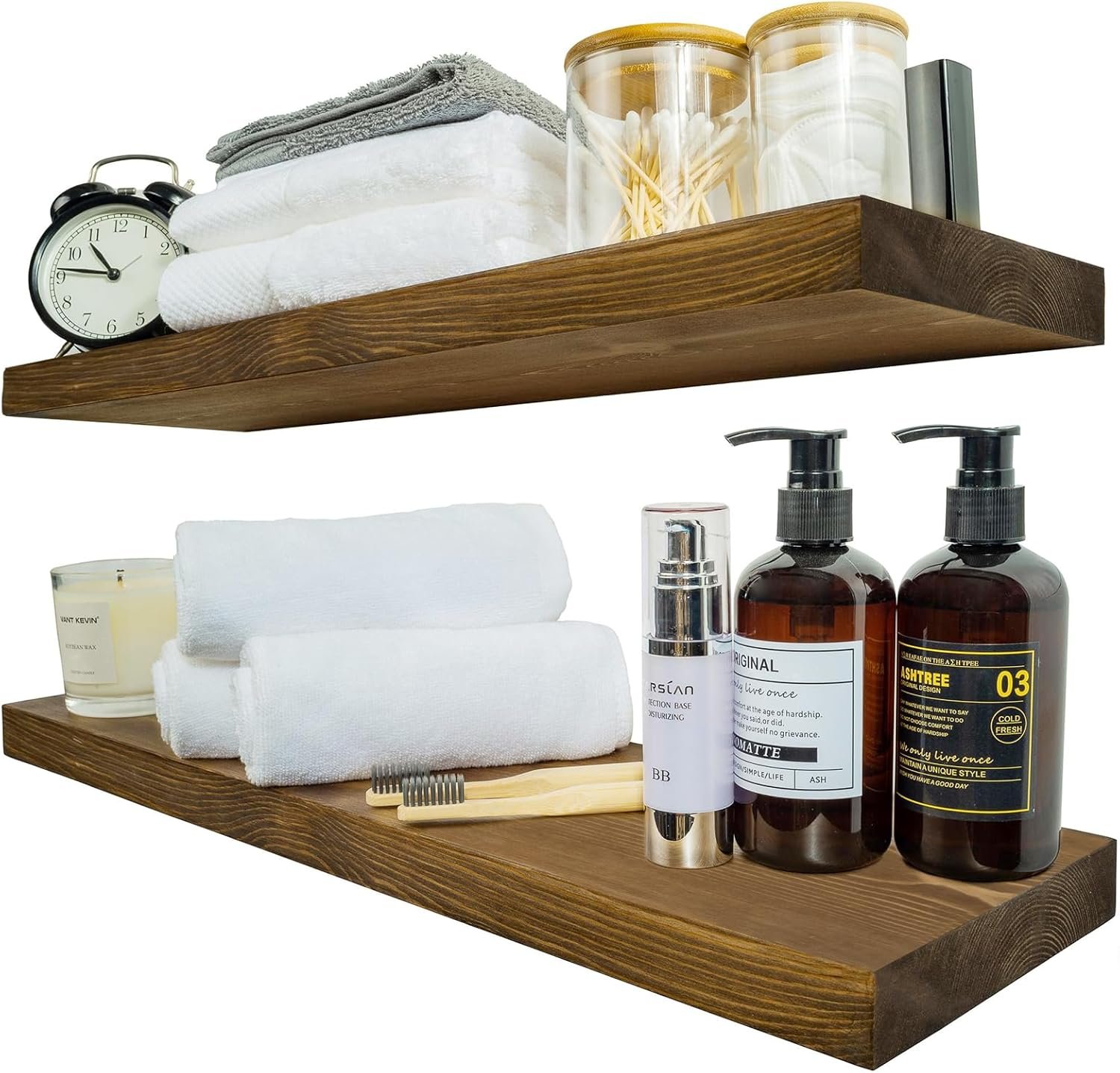 BGMG Wood Floating Shelves for Wall 24 inch Set of 2, Rustic Wooden Wall Mount Shelves for Bathroom Living Room Bedroom Kitchen Farmhouse -24x 6.7 x1.25 inch-Dark Walnut