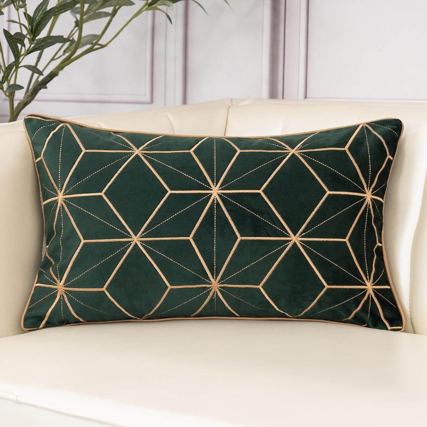 Aeckself Velvet Embroidery Pillow Cover 12×20 Inch, Luxury Modern Decorative Plaid Lumbar Throw Pillow Cover for Couch Bedroom Living Room, Dark Emerald Green and Gold, WHJ-Green3050