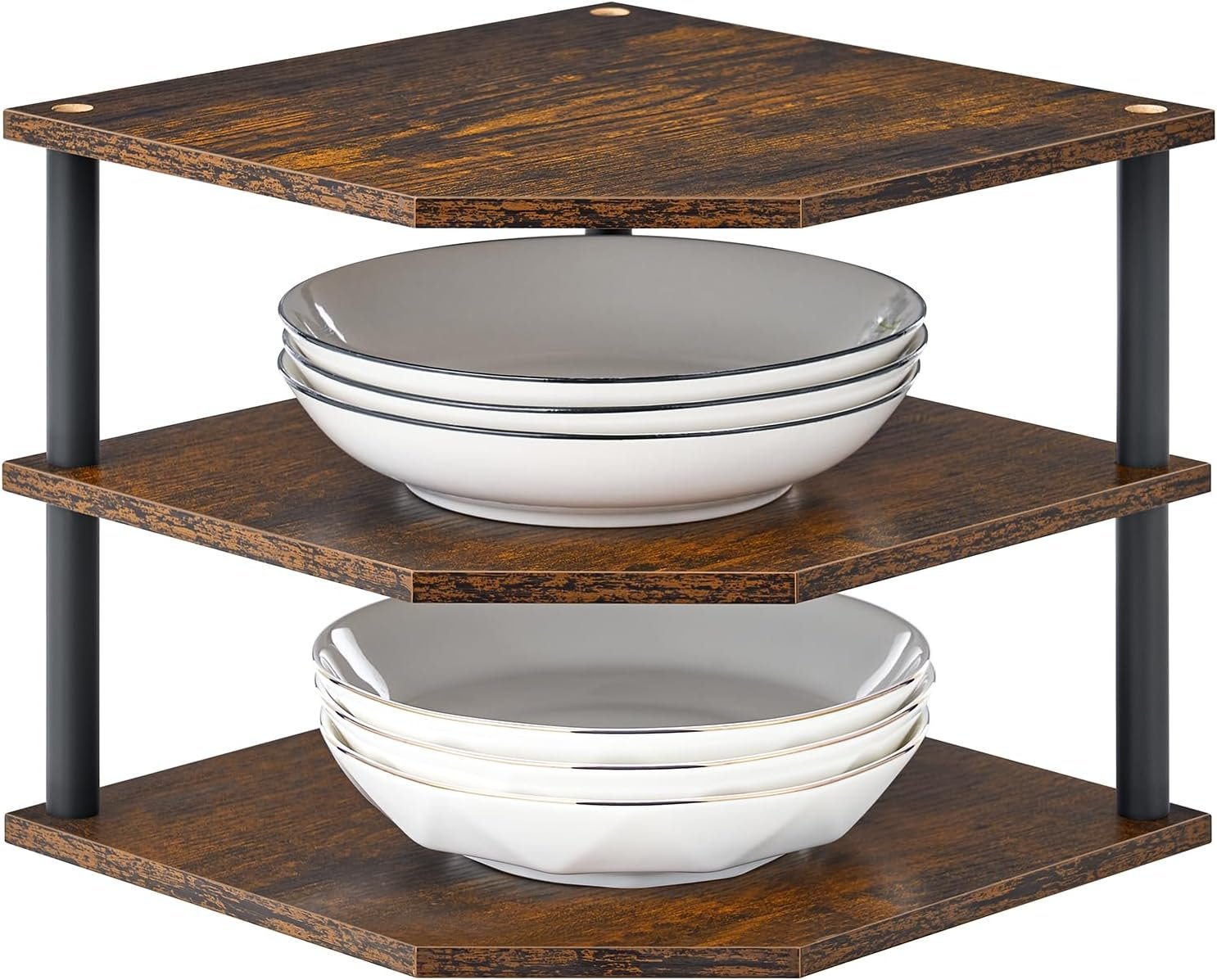 Wooden 3-Tier Corner Shelf, Kitchen Countertop Dish & Bread Organizer Counter Stand Storage for Desktop Bedroom Bathroom Small Space