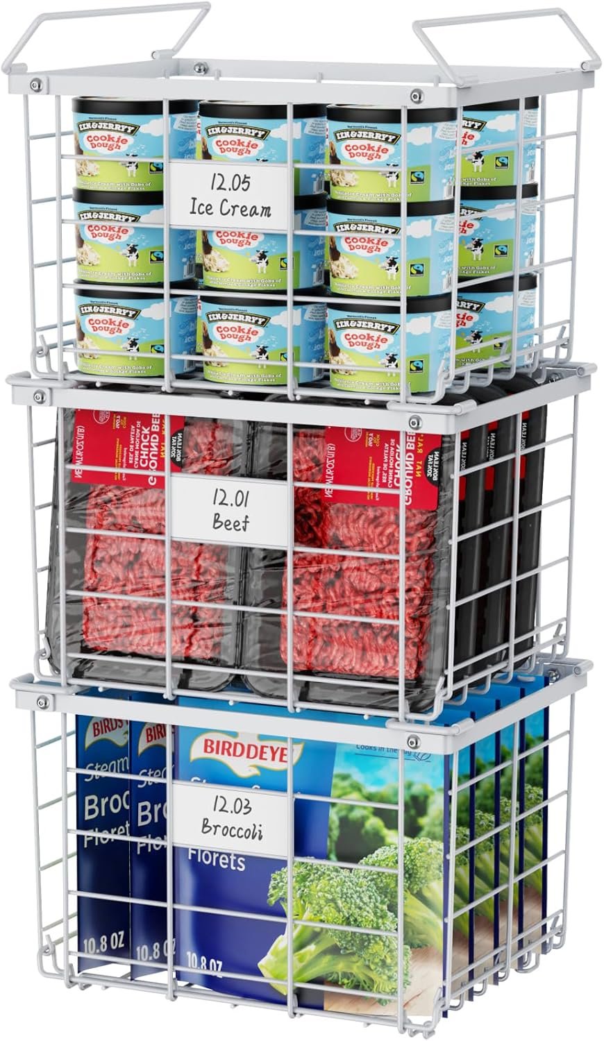 iSPECLE Deep Freezer Organizer Bins – for 3.5 Cu.Ft Chest freezer, 3 Pack Stackable Chest Freezer Organizer with Label Plates & Folding Handles, Heavy Duty Metal Storage, Assembly Required, White