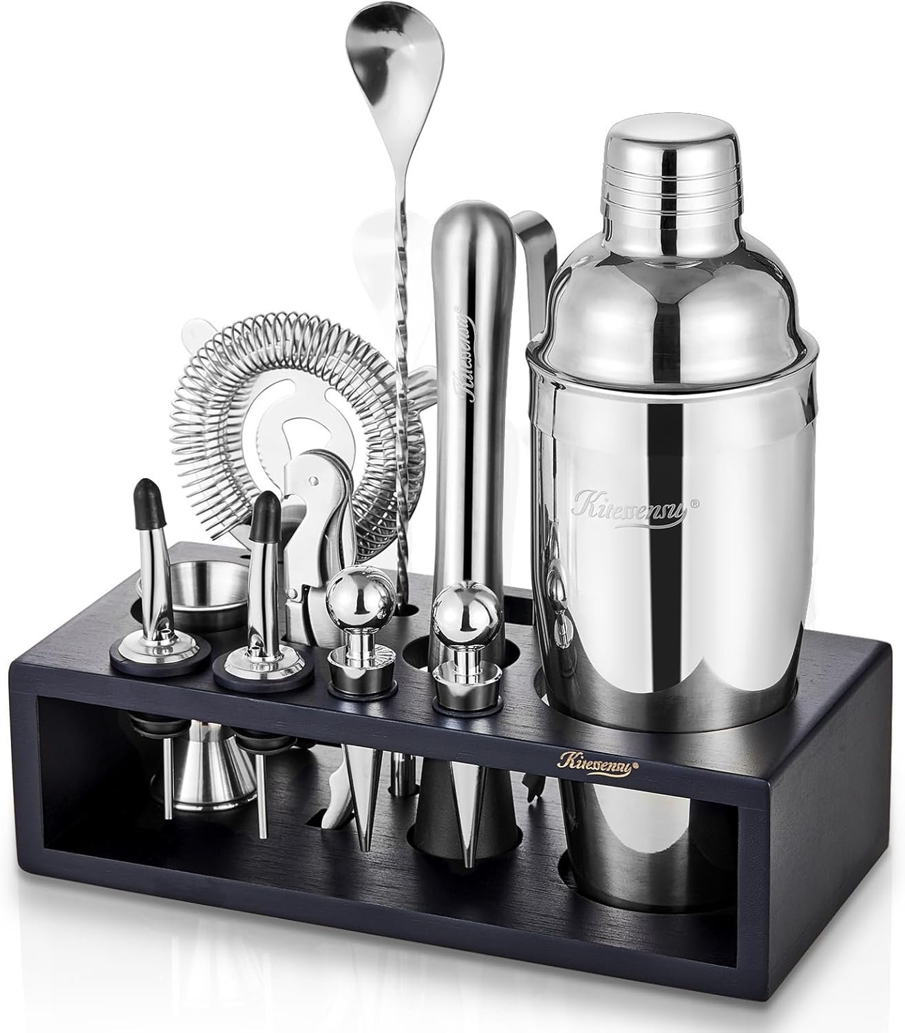 KITESSENSU Cocktail Shaker Set with Stand | Mixology Bartender Kit Bar Set with Essential Bar Accessories for Home Bar: Martini Shaker, Jigger, Muddler, Bar Spoon | Drink Mixer Cocktail Kit