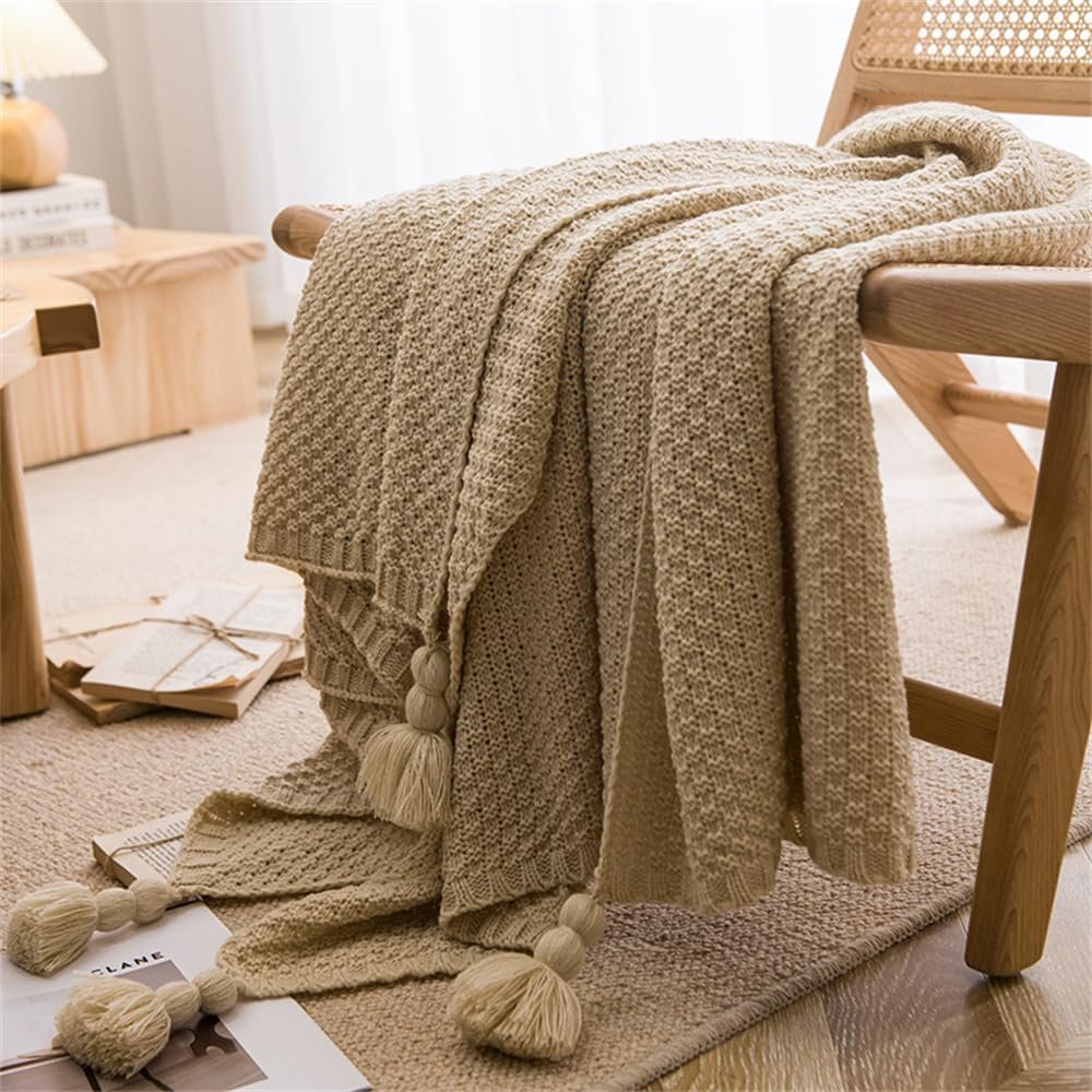 Chunky Cable Knitted Throw Blanket for Couch, Sofa and Bed, 43.3X60IN Lightweight Rustic Decorative Cozy Farmhouse Throw Blankets for Women and Man (Beige)