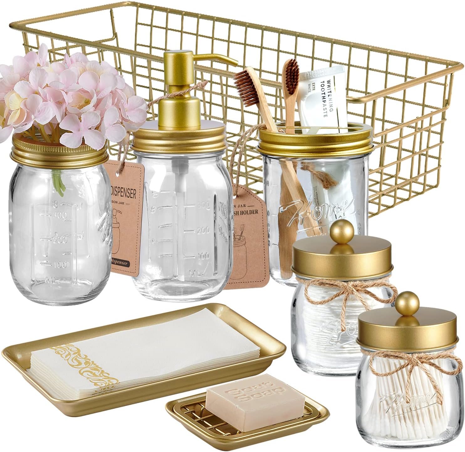 SheeChung 8PCS Mason Jar Bathroom Accessories Set Complete – Soap Dispenser, Toothbrush Holder, 2pcs Qtip Holders, Flower Vase, Soap Holder, Vanity Tray, Toilet Paper Storage, Bathroom Decor – Gold