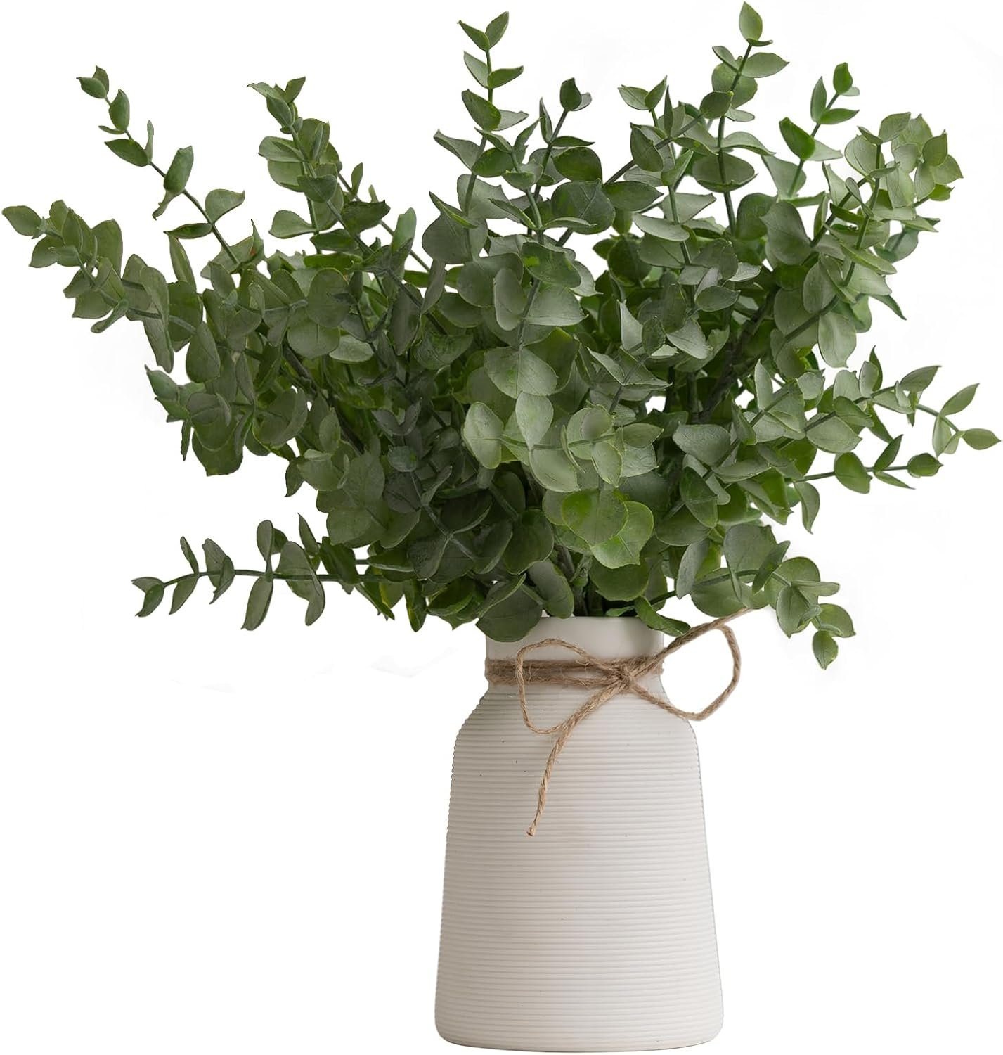 Artificial Eucalyptus Stems in White Ribbed Texture Ceramic Vase, Realistic Greenery 14″ Faux Plant Arrangements Home Decor Weddings Centerpieces
