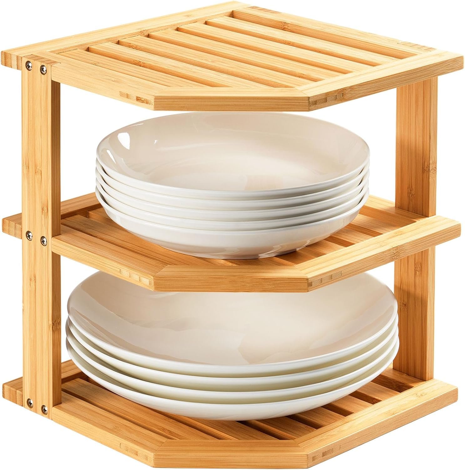 Umilife Plate Organizer for Cabinet, Bamboo Corner Shelf, Dish & Bread Organizer, Spice Rack, Kitchen Bathroom Countertop Storage Organization Space Saver