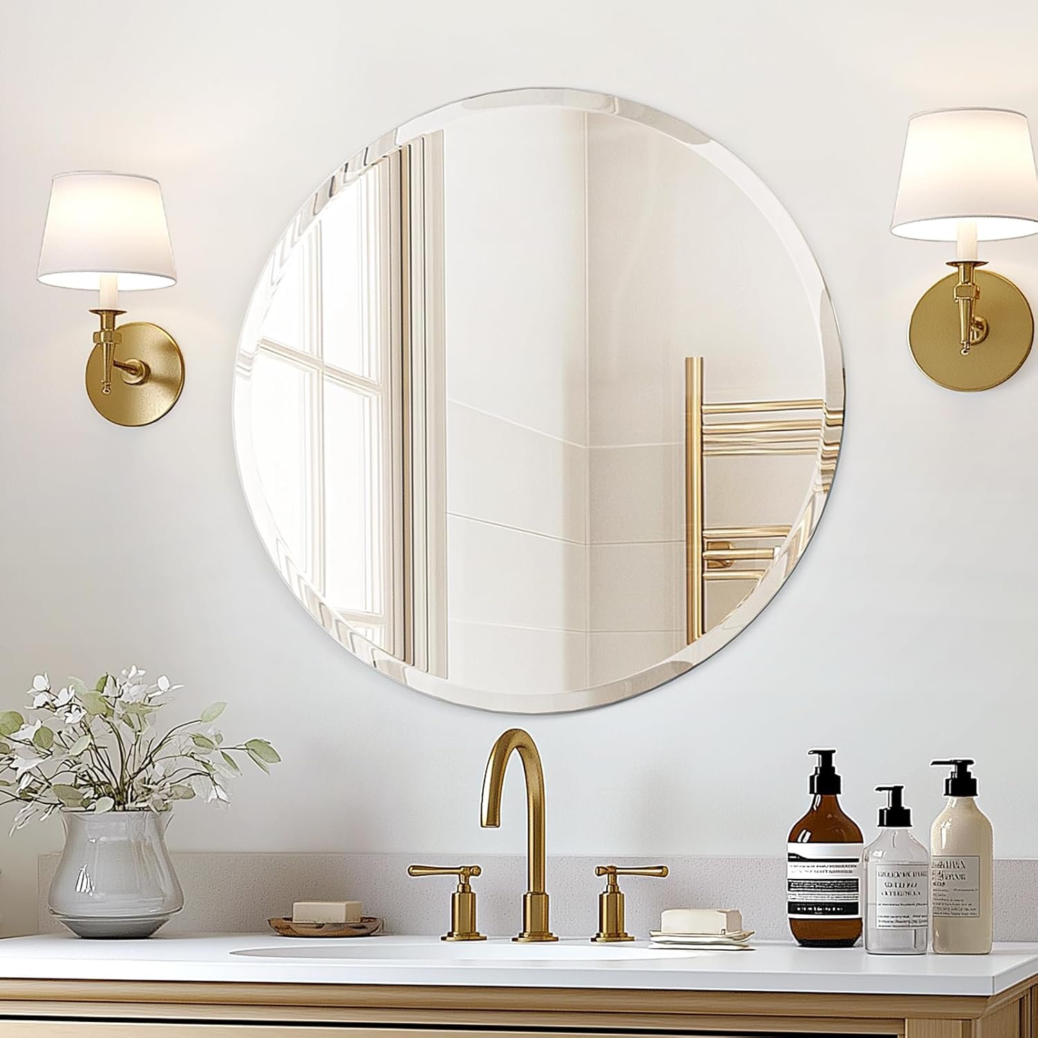USHOWER Frameless Round Bathroom Mirror 24″, Circle Vanity Mirror for Wall Decor, with Beveled Edge, for Bathroom, Living Room, Entryway, Modern & Elegant Look