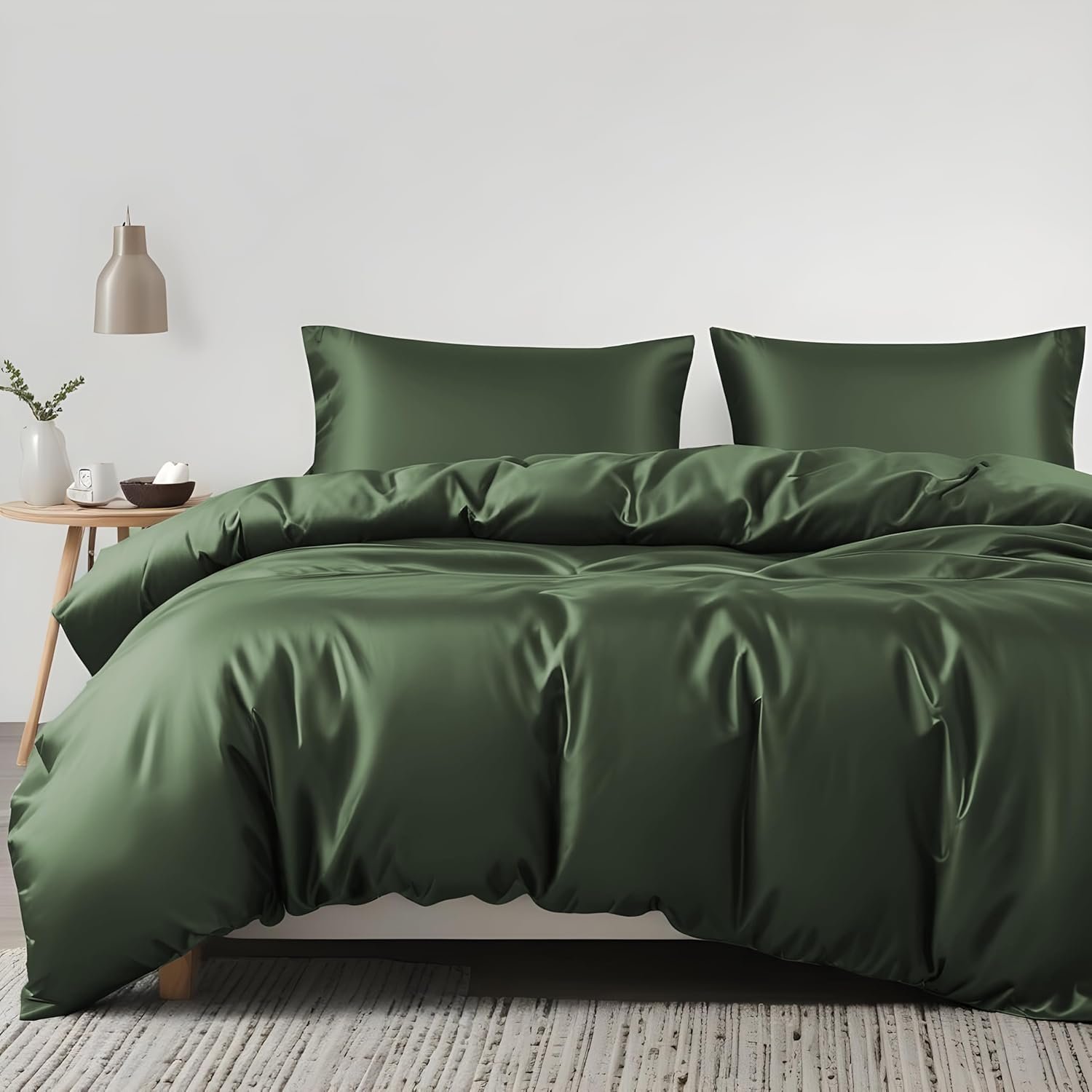 Linenwalas Tencel Lyocell Duvet Cover Set, Eucalyptus Cooling Lightweight Silk Comforter Cover Set with Zipper Closure & Corner Ties (Avocado Green, Queen)