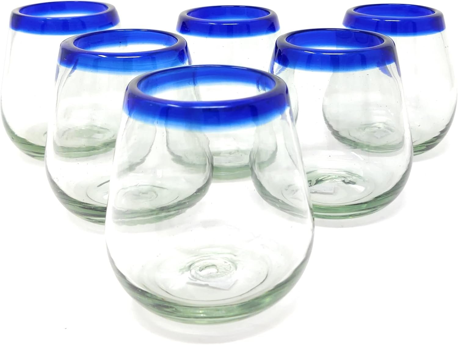 Dos Sueños Hand Blown Mexican Stemless Wine Glasses – Set of 6 Glasses with Cobalt Blue Rims (15 oz)
