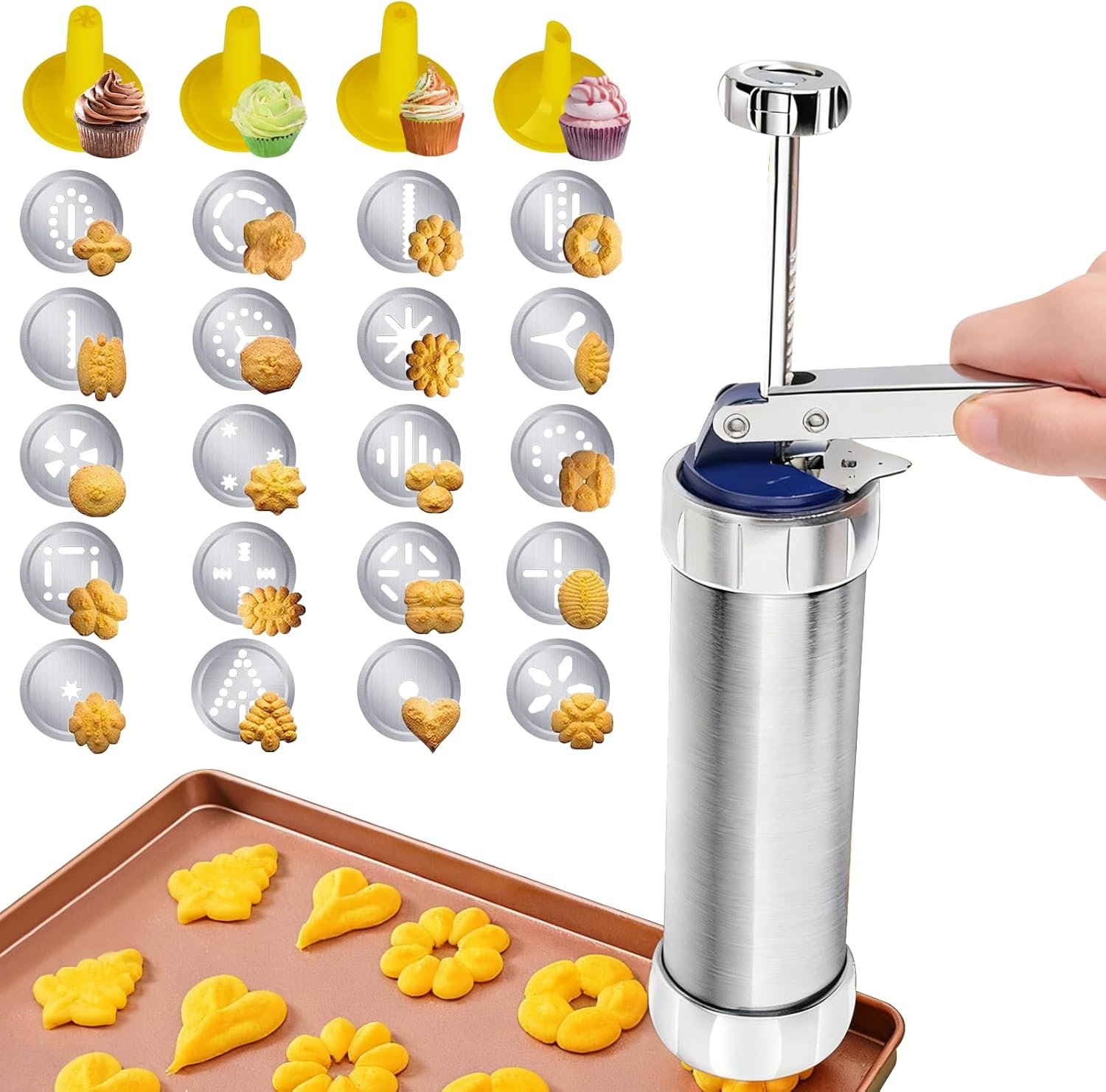Enhanced Cookie Press Set, Food-Grade Spritz Cookie Press Gun Kit with 20 Discs & 4 Tips, Stainless Steel Baking Tool for Christmas Cookies Making, Cake Decoration & Holiday Gatherings