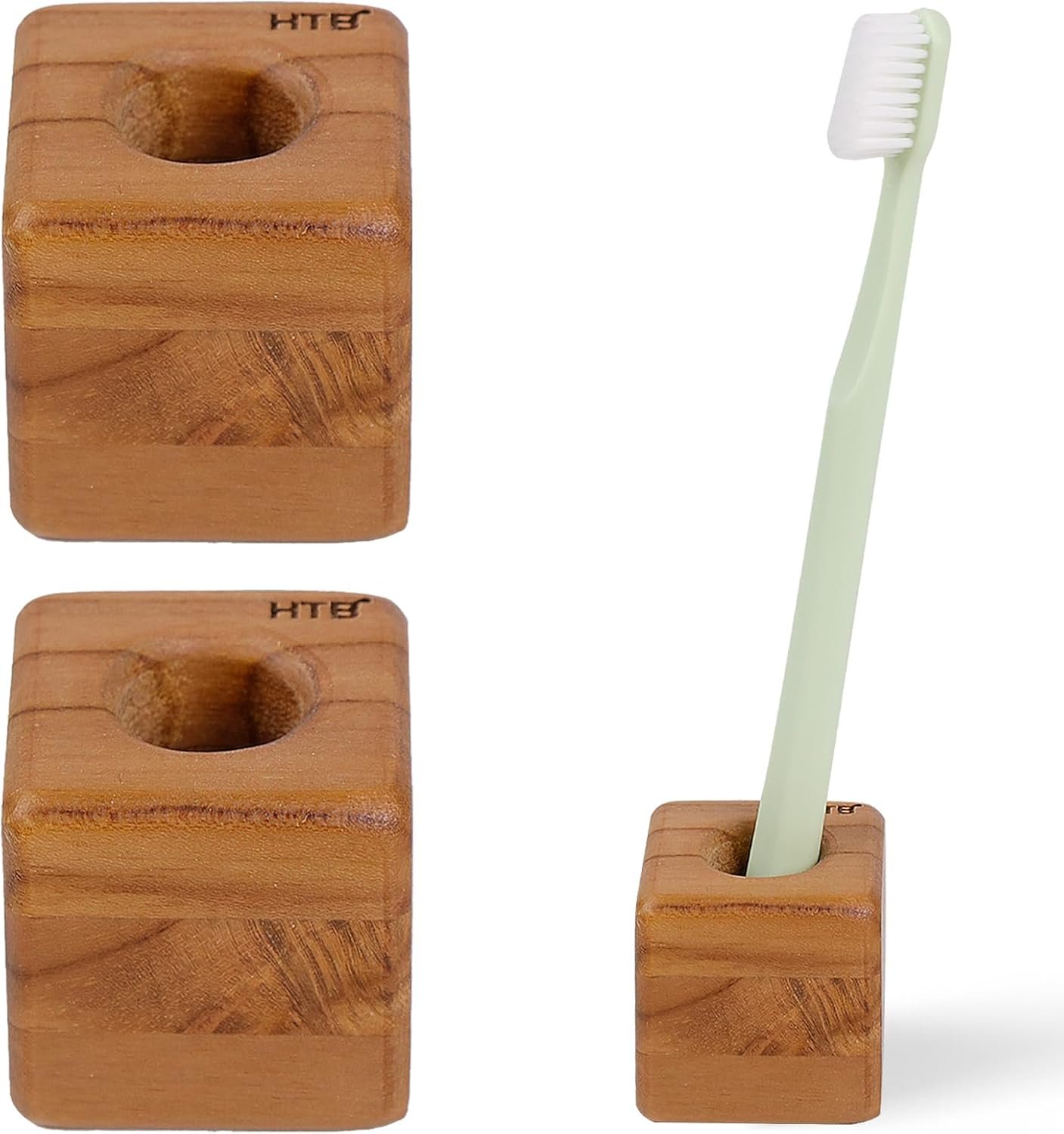 HTB Toothbrush Holder for Bathroom,2 Pack Teak Wood Toothbrush Stand Organizer Base Station Hollow Drainage Design,Small Countertop Organizer for pens,Makeup Brushes,Space Saver