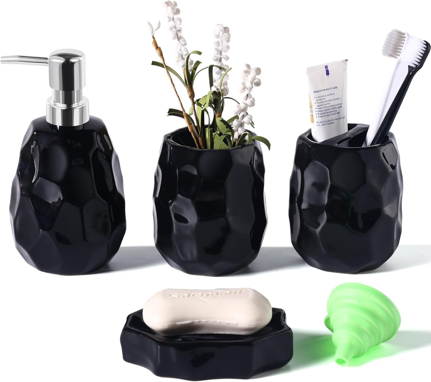 Ceramic Bathroom Accessories Set 4 PCS,Bathroom Toothbrush Holder Set,Soap and Toothbrush Holder Set,Include Toothbrush Holder,Soap Dispenser,Soap Dish,Tumbler,Bathroom Sets Decor Organizer (Black)