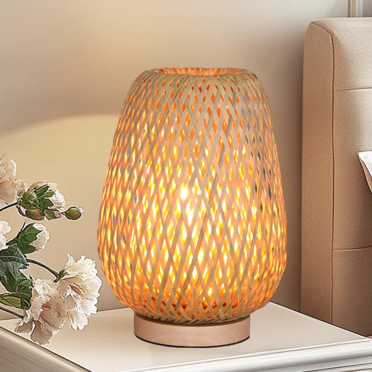Rattan Table Lamp, Boho Bamboo Woven Small Beside Lamp, Vintage Wicker Wooden Nightstand Lights, End Table Lamp for Living Room Bedroom Desk, Kids Room