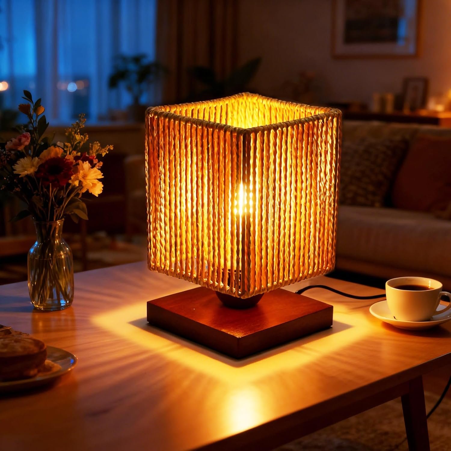 Rattan Table Lamp, Boho Bedside Lamp Vintage Wooden Nightstand Nightlight, Rustic Bamboo Woven End Table Lamps, Handmade Woven Desk Lamp, Christmas Decor for Bedroom, Living, Room Study, Kids Room