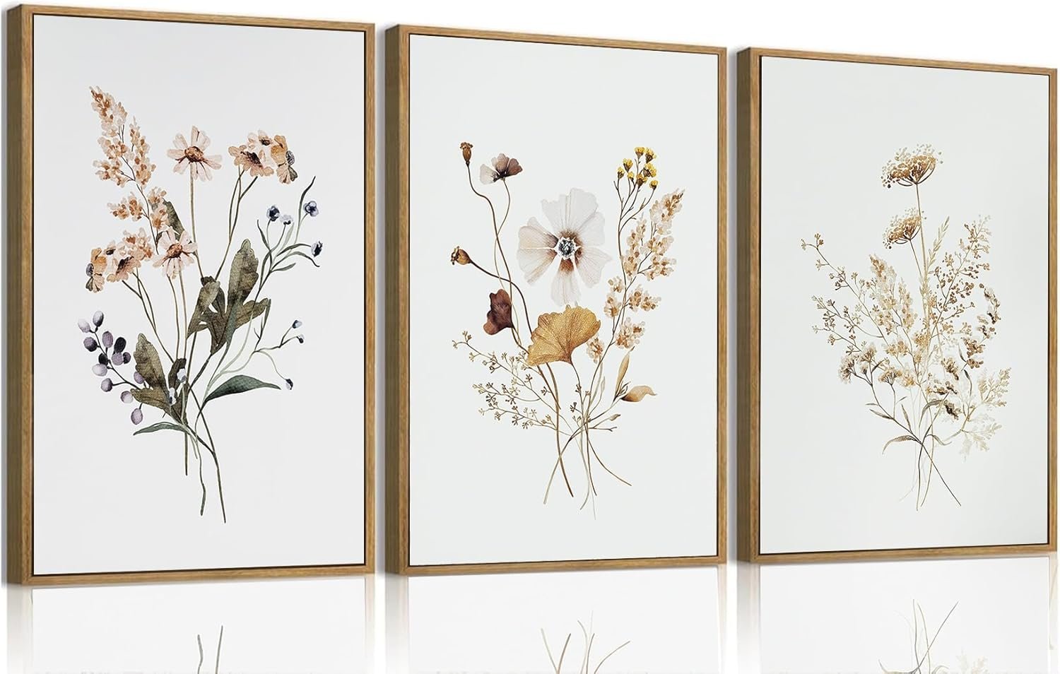 MTFBWY Framed Neutral Botanical Canvas Wall Art Set of 3 – Minimalist Boho Floral Prints, Beige Wildflower Pictures Printing for Living Room Bedroom Bathroom Farmhouse Wall Decor 12x16in