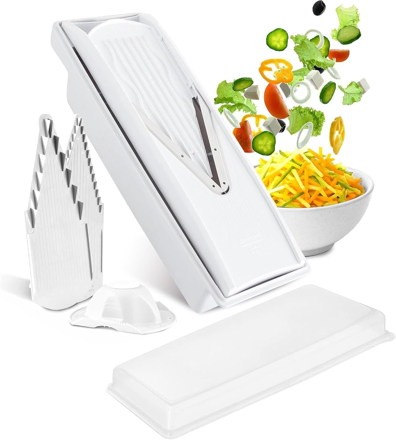 Swissmar V-Prep™ Mandoline Slicer – Versatile Kitchen Slicer for Julienne, Shred, Cube & Slice – Includes Multi-Function Bowl & Safety Holder – Essential Kitchen Gadget – White