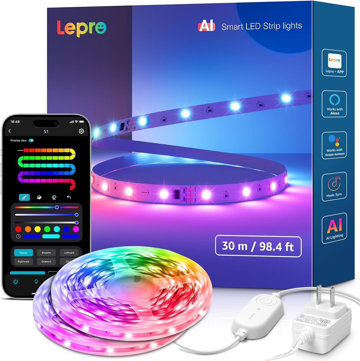 Lepro S1 AI LED Strip Lights for Bedroom – 100ft(2 Rolls of 50ft) Smart RGB Light Strips with IC and Rainbow Chasing Effects, Personalized Al Lighting Designer, No Remote, 2.4G Wi-Fi & Bluetooth