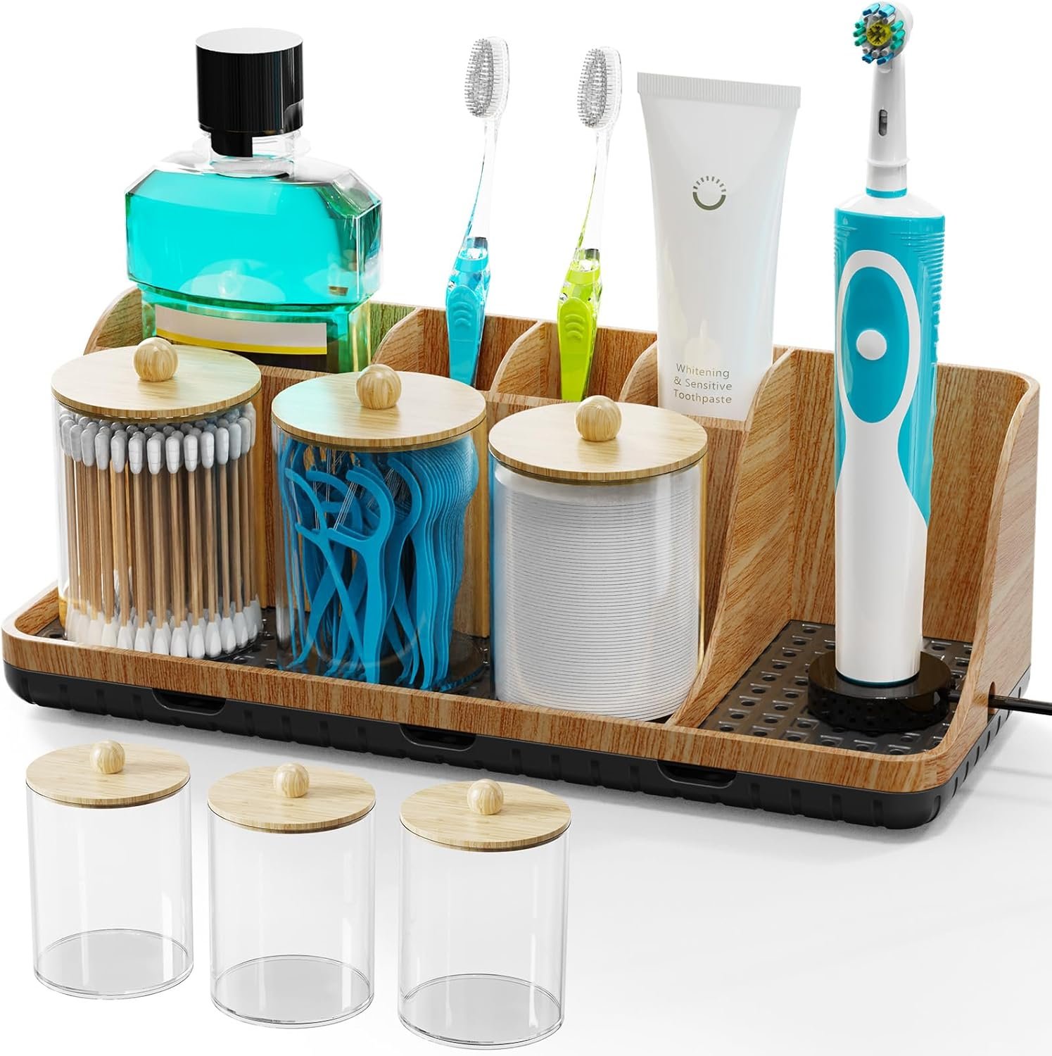 Bathroom Counter Organizer, Bathrooms Toothbrush Holder Set with 3 PCS Qtip Holder, Kids Electric Toothbrush and Toothpaste Holder Organizer Drainage for Bathroom Accessories (Wood Grain)