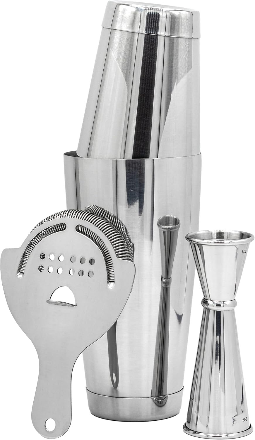 Professional Cocktail Shaker Set Bartending Kit: Weighted Boston Shaker Tins, Hawthorne Strainer and Japanese Jigger
