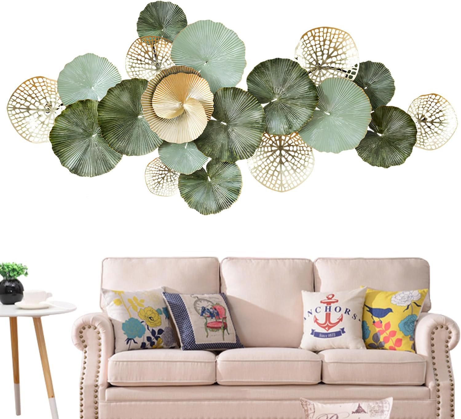 edaknez Metal Wall Art Decor, Large Metal Wall Art, 3D Flower Leaves Wall Decor, Modern Lotus Decoration for Indoor Outdoor Living Room Bedroom, Green & Gold (C 135x64x6cm)