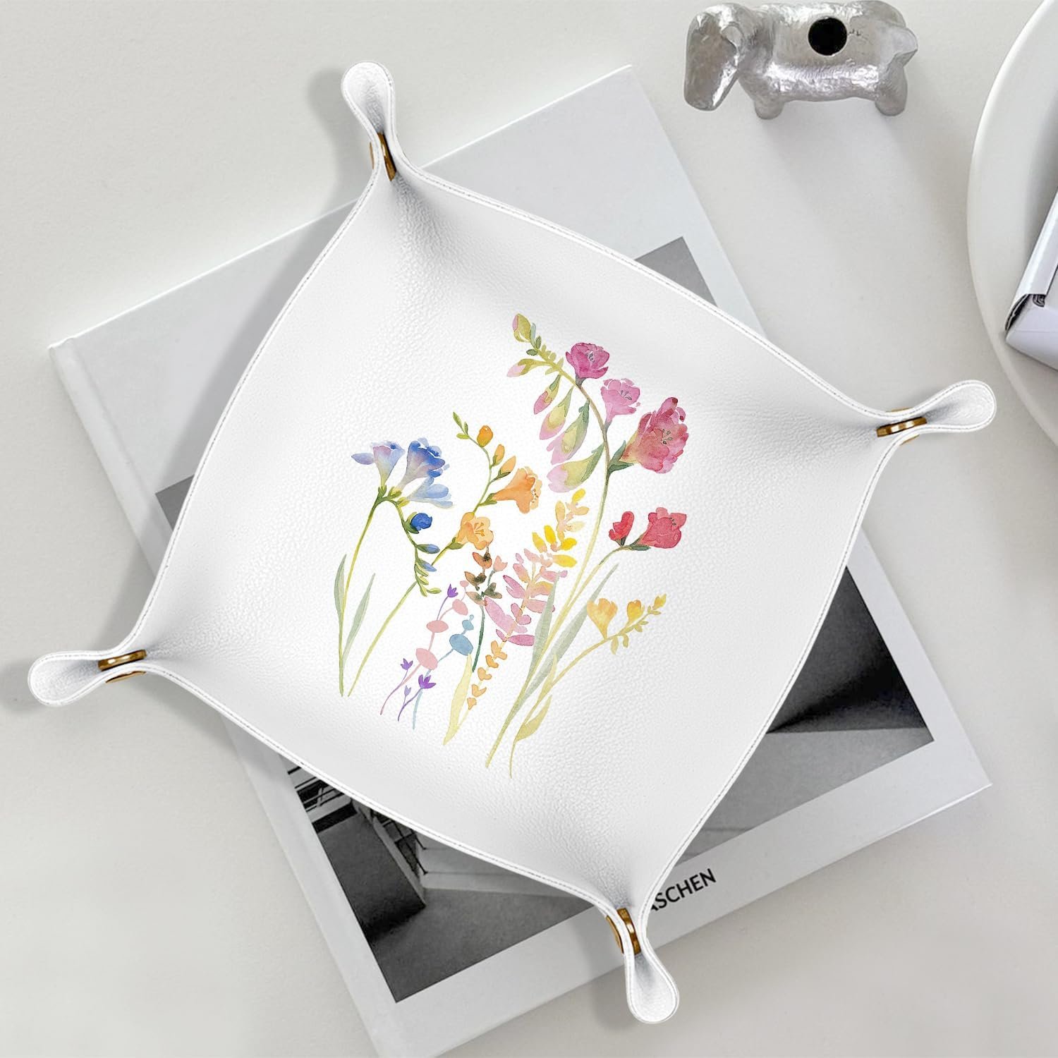 Floral Leather Jewelry Valet Tray, Watercolor Flower Botanical PU Leather Catchall Beside Caddy Nightstand Organizer Tray for Jewelry Rings Watches Keys and Accessories, 7.8×7.8inch