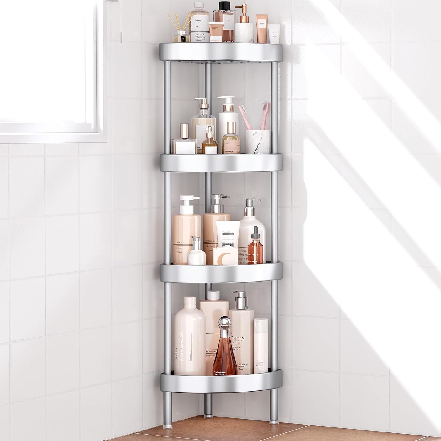 Nieifi Corner Shower Caddy Stand-4 Tier Rustproof Anodized Aluminum Standing Shower Organizer-Shower Caddy Corner-Dual Stability to Anti-Shaking-Height-Adjustable Legs for Uneven Surfaces-Silver