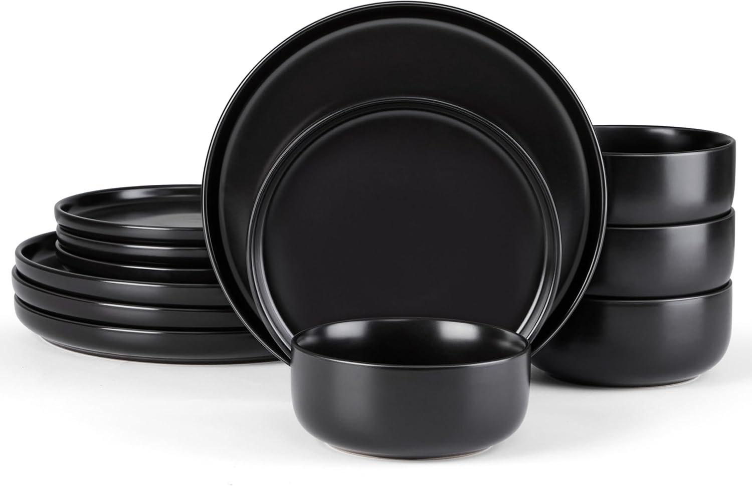 E-far Stoneware Dinnerware Sets for 4, 12-Piece Plates and Bowls Set, Modern Ceramic Dishes Dinning Ware, Microwave & Dishwasher Safe – Matte Black