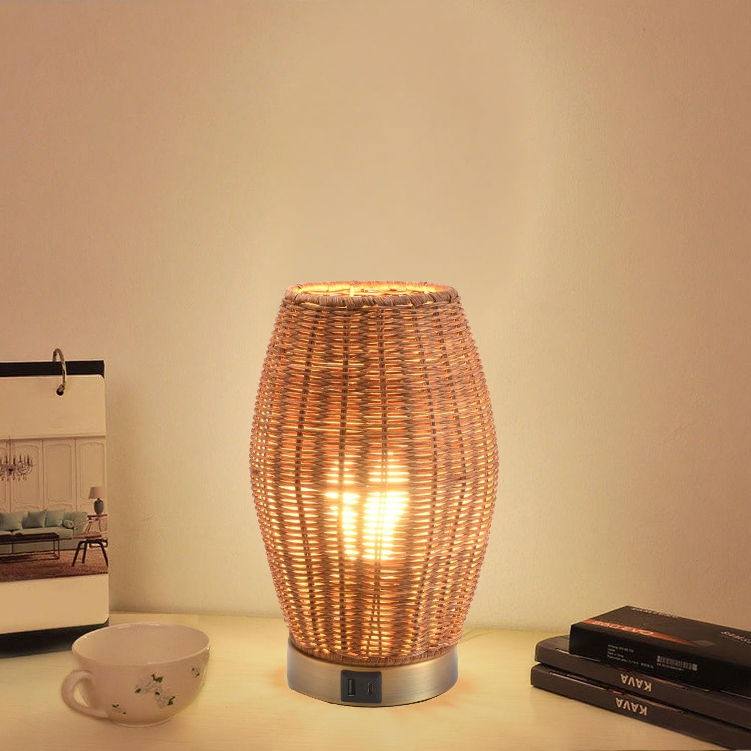 Boho Style Rattan Table Lamp,Dimmable Bamboo Desk Lamp,Touch & USB Charger Port,Oven Brown Rattan
