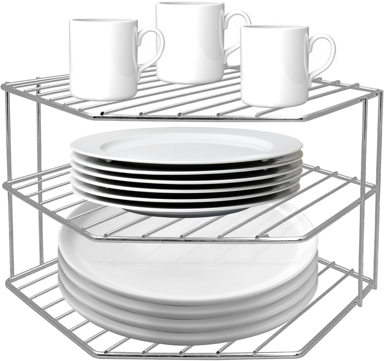 3-Tier Corner Shelf Counter and Cabinet Organizer – Steel Metal Wire – Rust Resistant – Plates, Dishes, Cabinet & Pantry Organizer – Kitchen Organization (10 x 7.5 Inch) (Chrome)